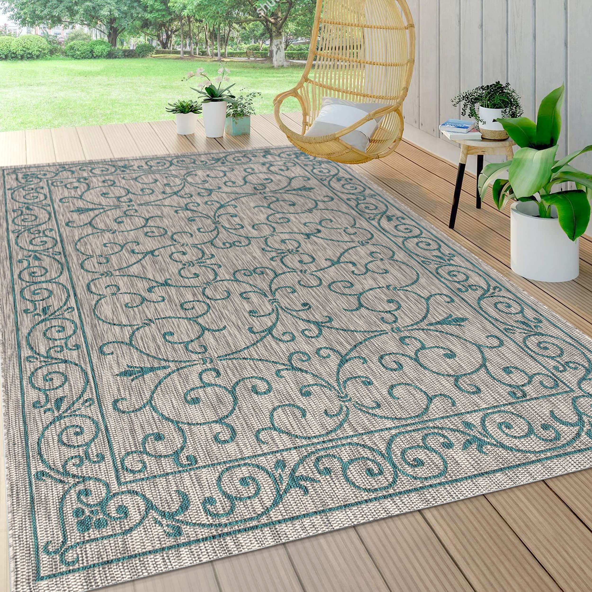 Jonathan Y Smb106E-3 Charleston Vintage Filigree Textured Weave Indoor Outdoor-Rug Livingroom Backyard,3 X 5,Gray/Teal