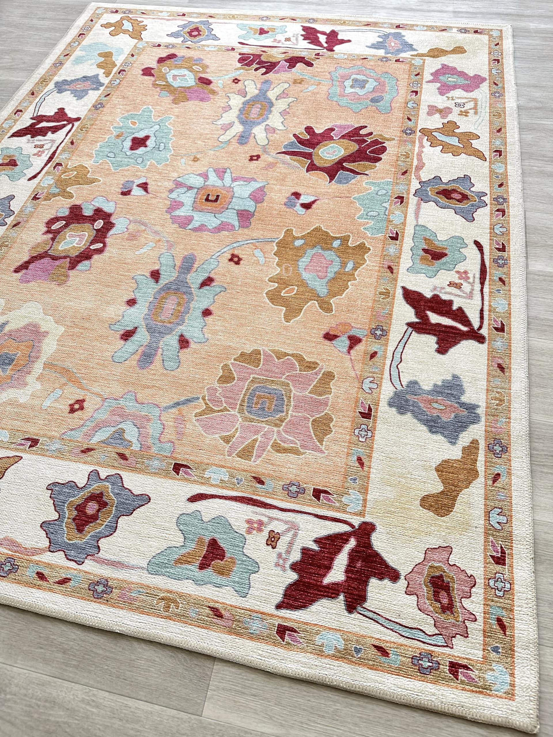 Orange Oushak Rug, Modern Rugs, Vintage, Turkish, Eclectic, Floral, Pastel, Washable, Small Throw, Accent Area Rug for Living Ro