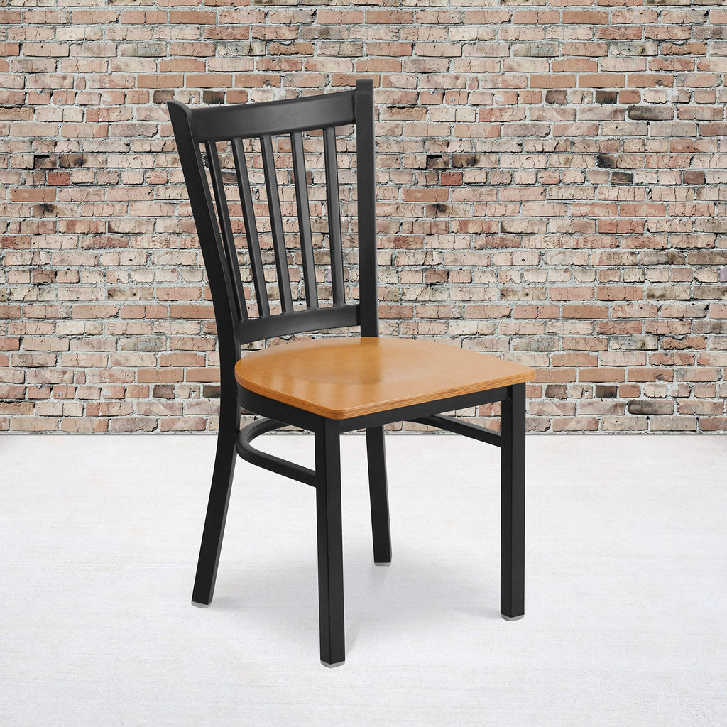 Flash Furniture HERCULES Series Black Vertical Back Metal Restaurant Chair - Natural Wood Seat