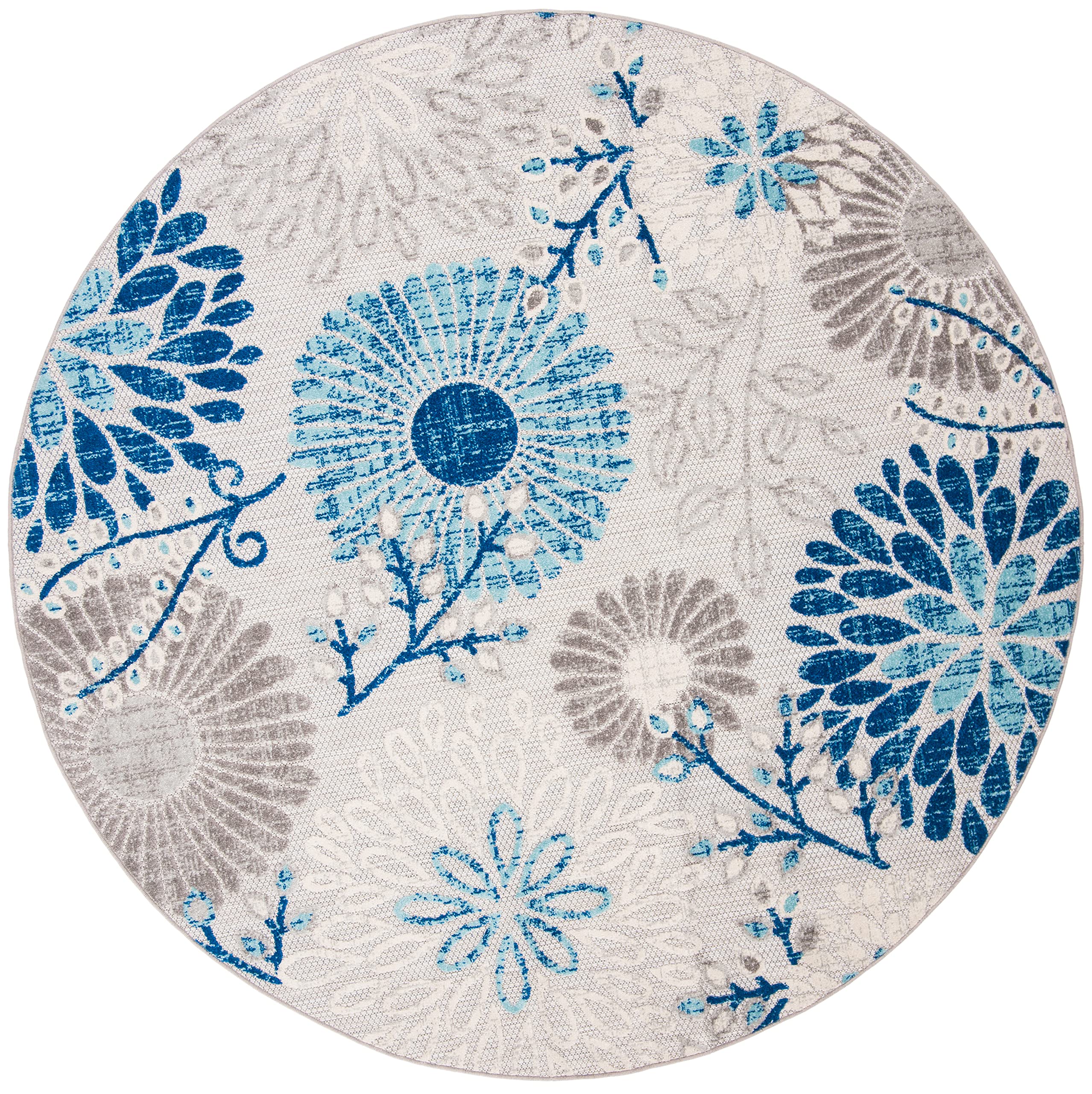 Safavieh Cabana Collection 4' Round Grey/Navy Cbn832F Floral Indoor/ Outdoor Non-Shedding Easy Cleaning Patio Backyard Deck Porch Mudroom Area Rug