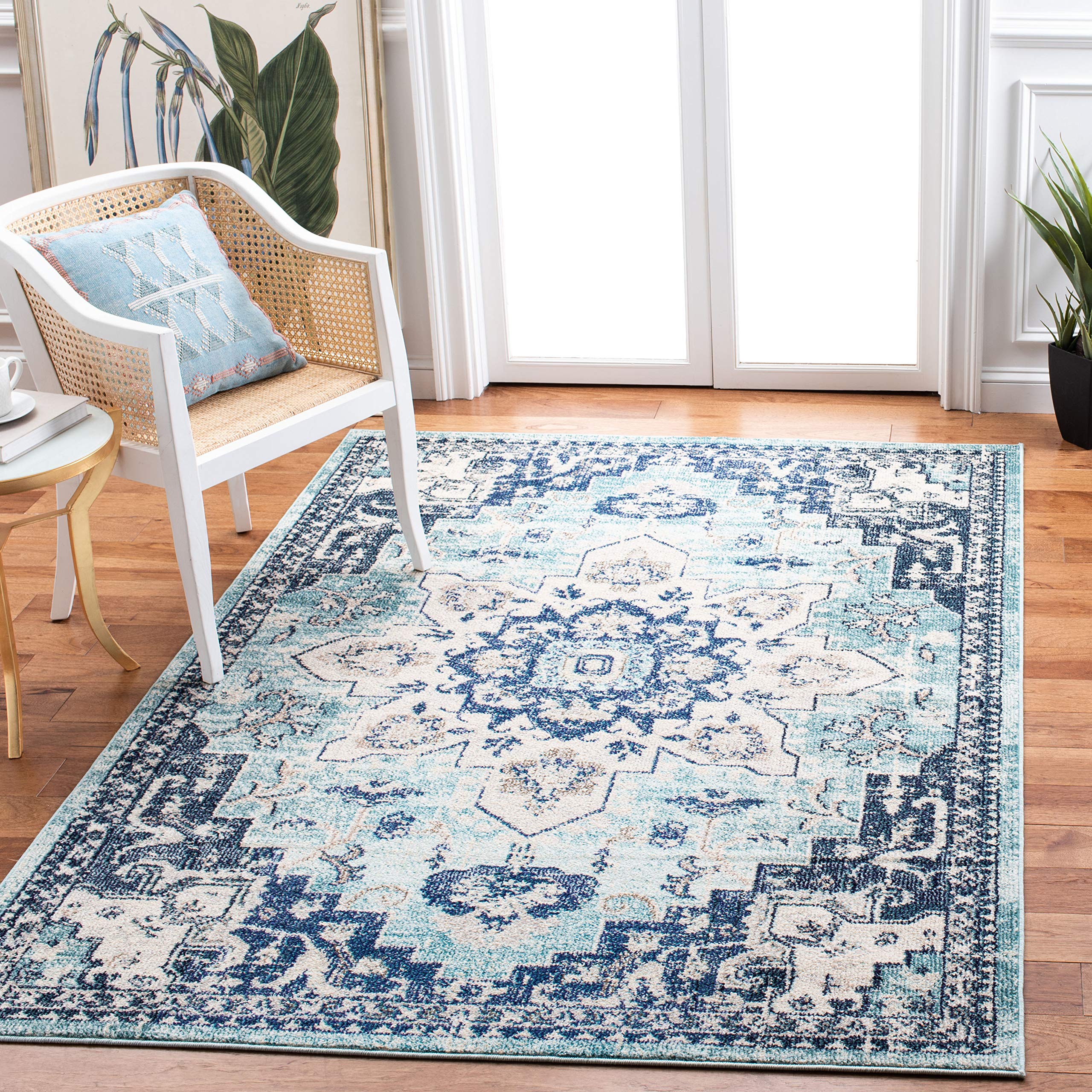 SAFAVIEH Madison Collection Accent Rug - 3 x 5, Teal & Navy, Boho Chic Medallion Distressed Design, Non-Shedding & Easy Care, 