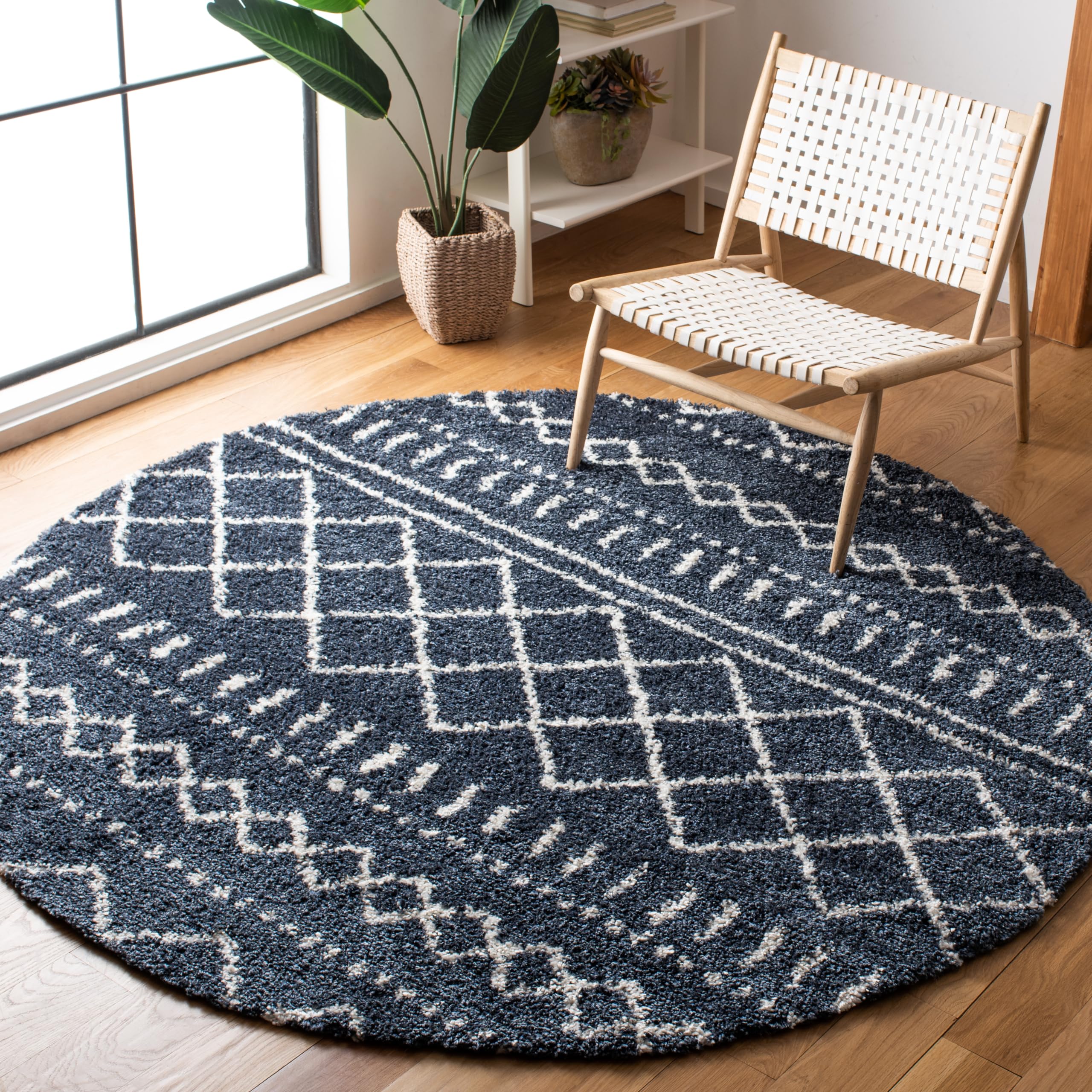 SAFAVIEH Arizona Shag Collection Area Rug - 32 Round, Slate Blue & Ivory, Moroccan Design, 1.6-inch Thick, Non-Shedding, Ideal 