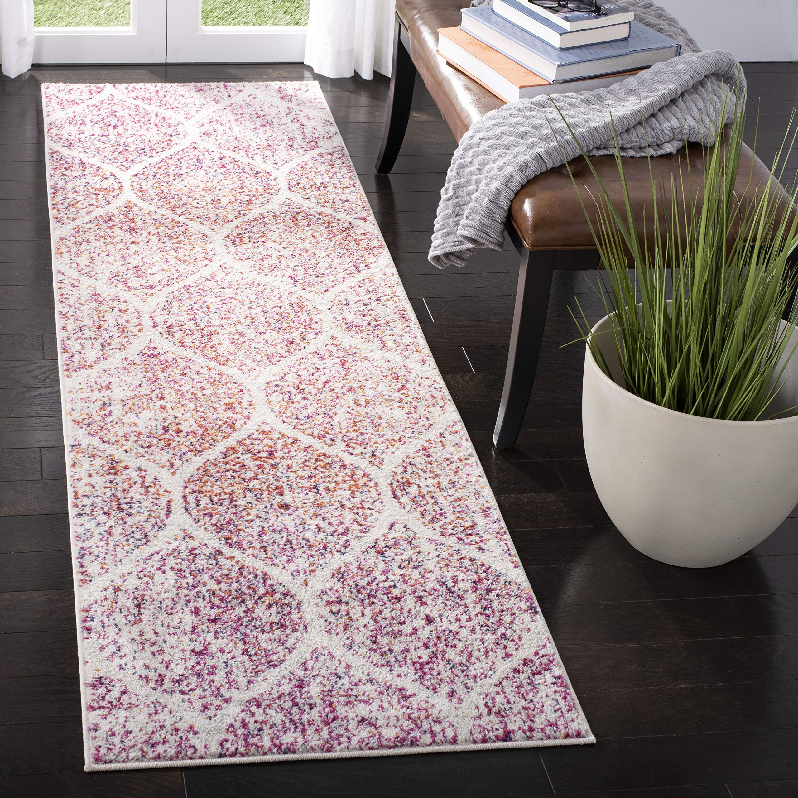 SAFAVIEH Madison Collection Runner Rug - 23 x 6, Cream & Fuchsia, Glam Ogee Trellis Distressed Design, Non-Shedding & Easy Car