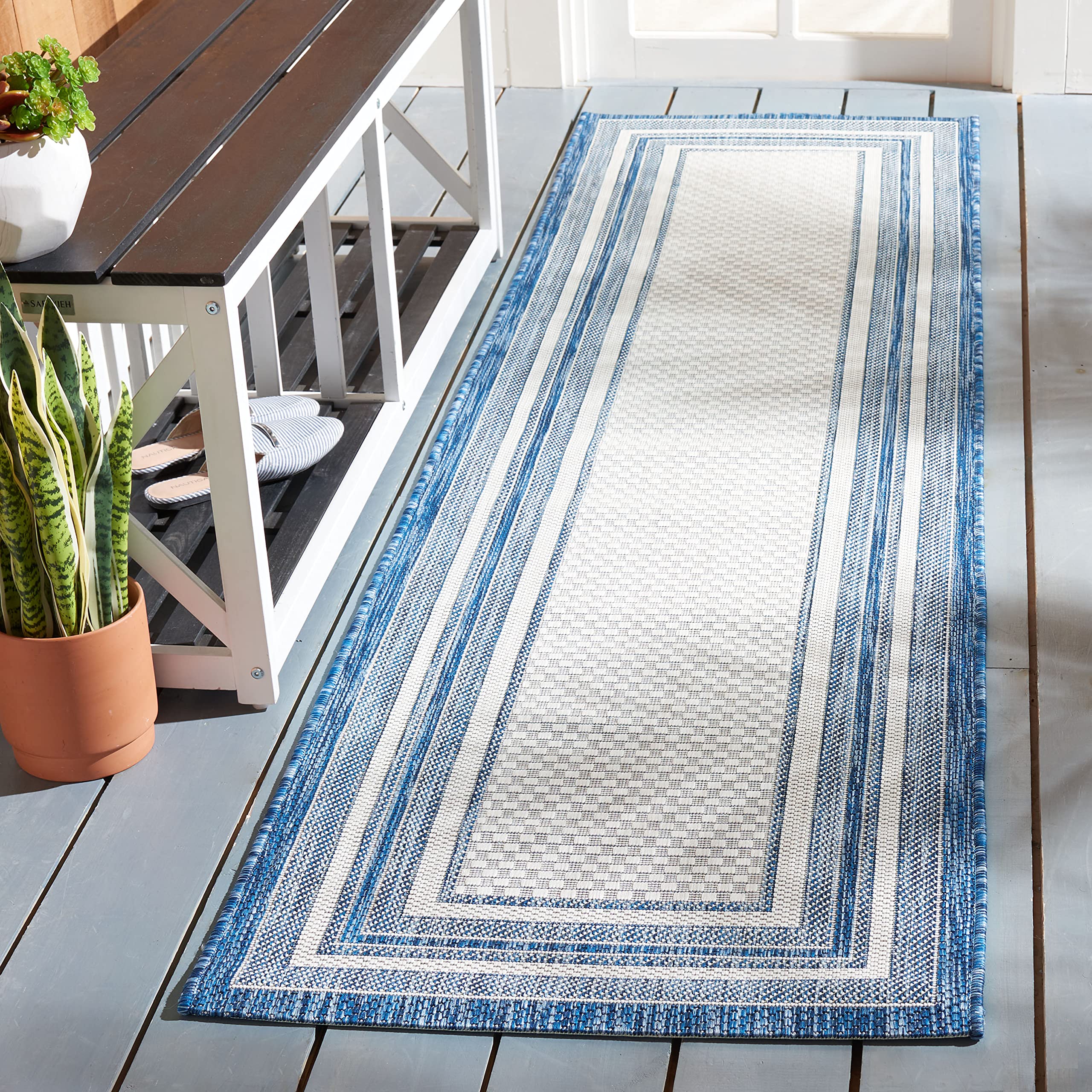Safavieh Courtyard Collection 2'3' X 8' Ivory/Navy Cy8475 Indoor/ Outdoor Waterproof Easy Cleaning Patio Backyard Mudroom Runne