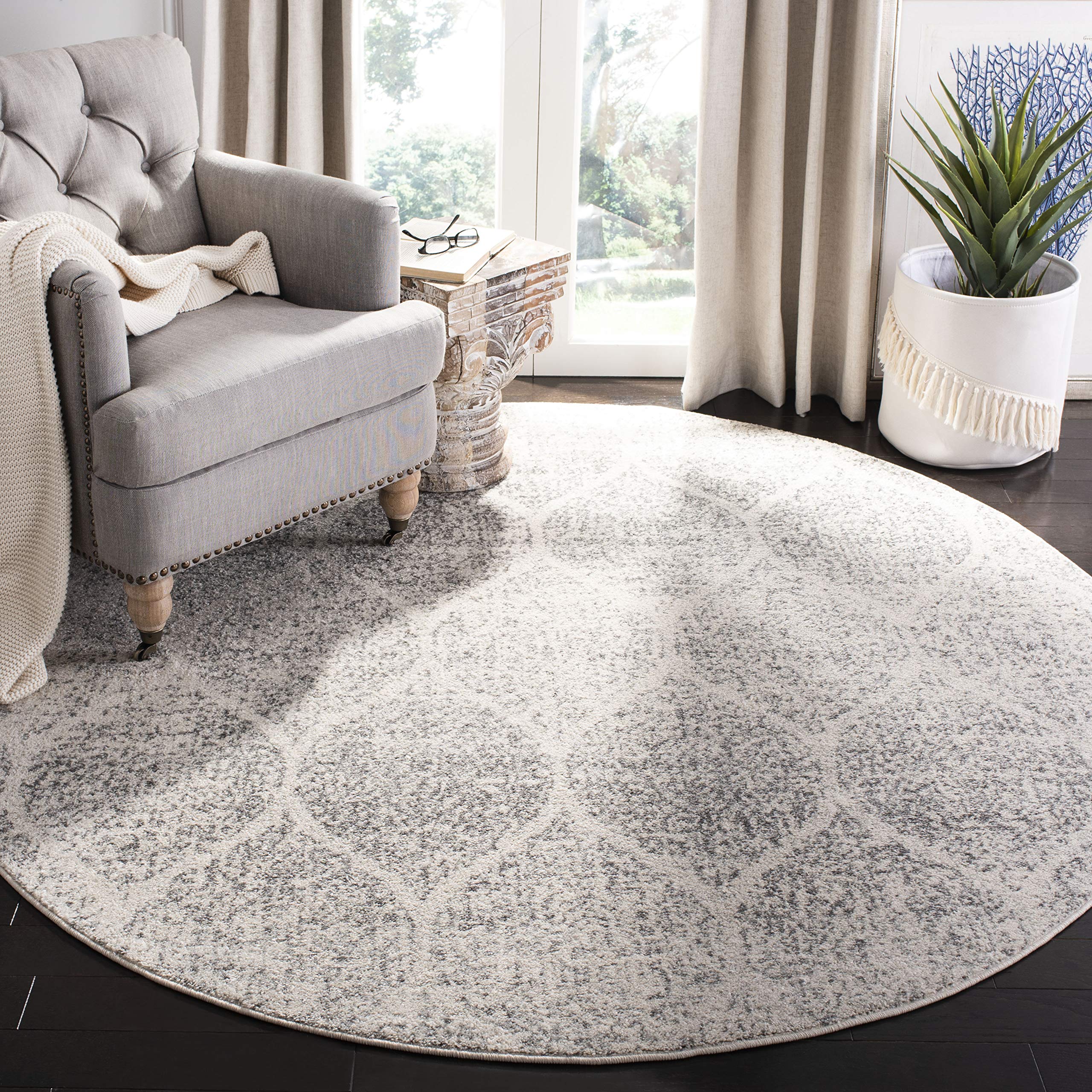 SAFAVIEH Madison Collection 67 Round Ivory / Silver MAD604B Glam Ogee Trellis Distressed Non-Shedding Dining Room Entryway Foye