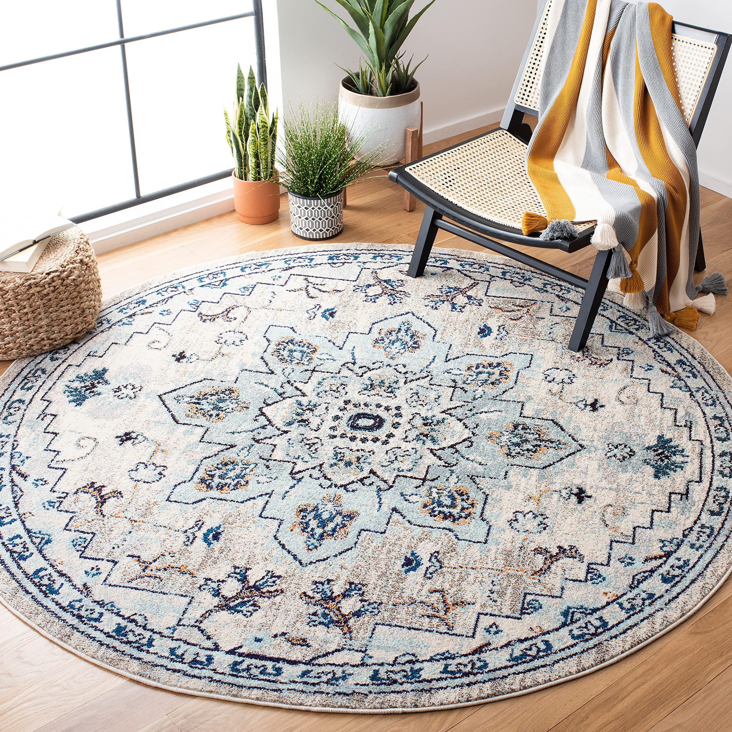SAFAVIEH Madison Collection Area Rug - 67 Round, Ivory & Light Blue, Boho Chic Medallion Distressed Design, Non-Shedding & Easy