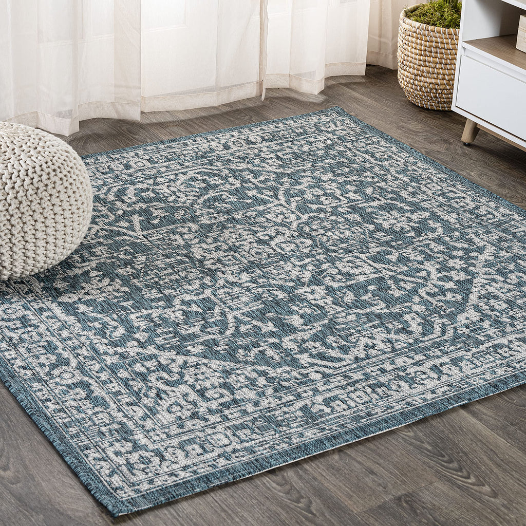 Jonathan Y Smb104B-5Sq Malta Bohemian Medallion Textured Weave Indoor Outdoor Area Rug, Coastal,Traditional,Transitional Easy Clean,Bedroom,Kitchen,Backyard,Patio, Non-Shed, Teal/Gray, 5' Square