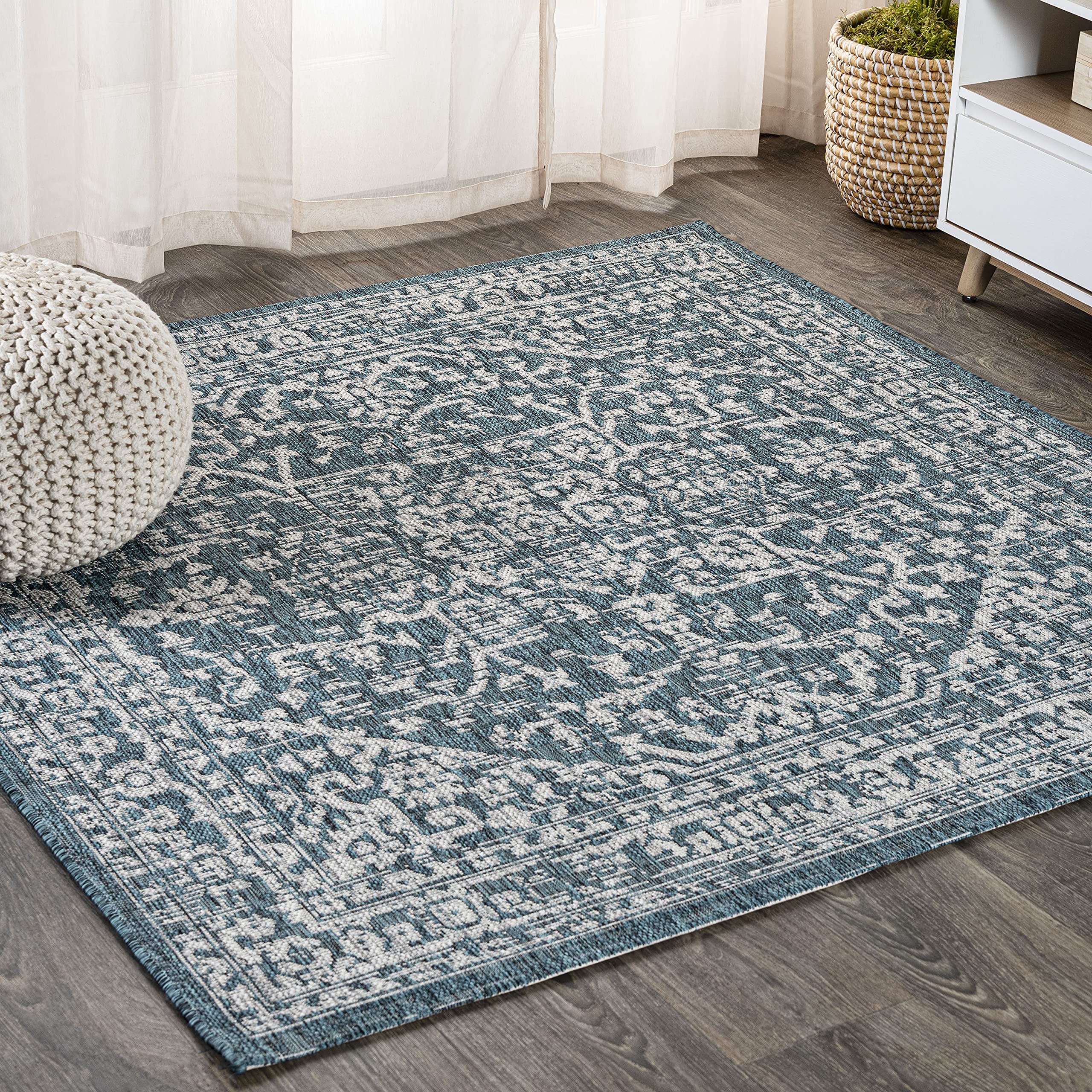 Jonathan Y Smb104B-5Sq Malta Bohemian Medallion Textured Weave Indoor Outdoor Area Rug, Coastal,Traditional,Transitional Easy Clean,Bedroom,Kitchen,Backyard,Patio, Non-Shed, Teal/Gray, 5' Square
