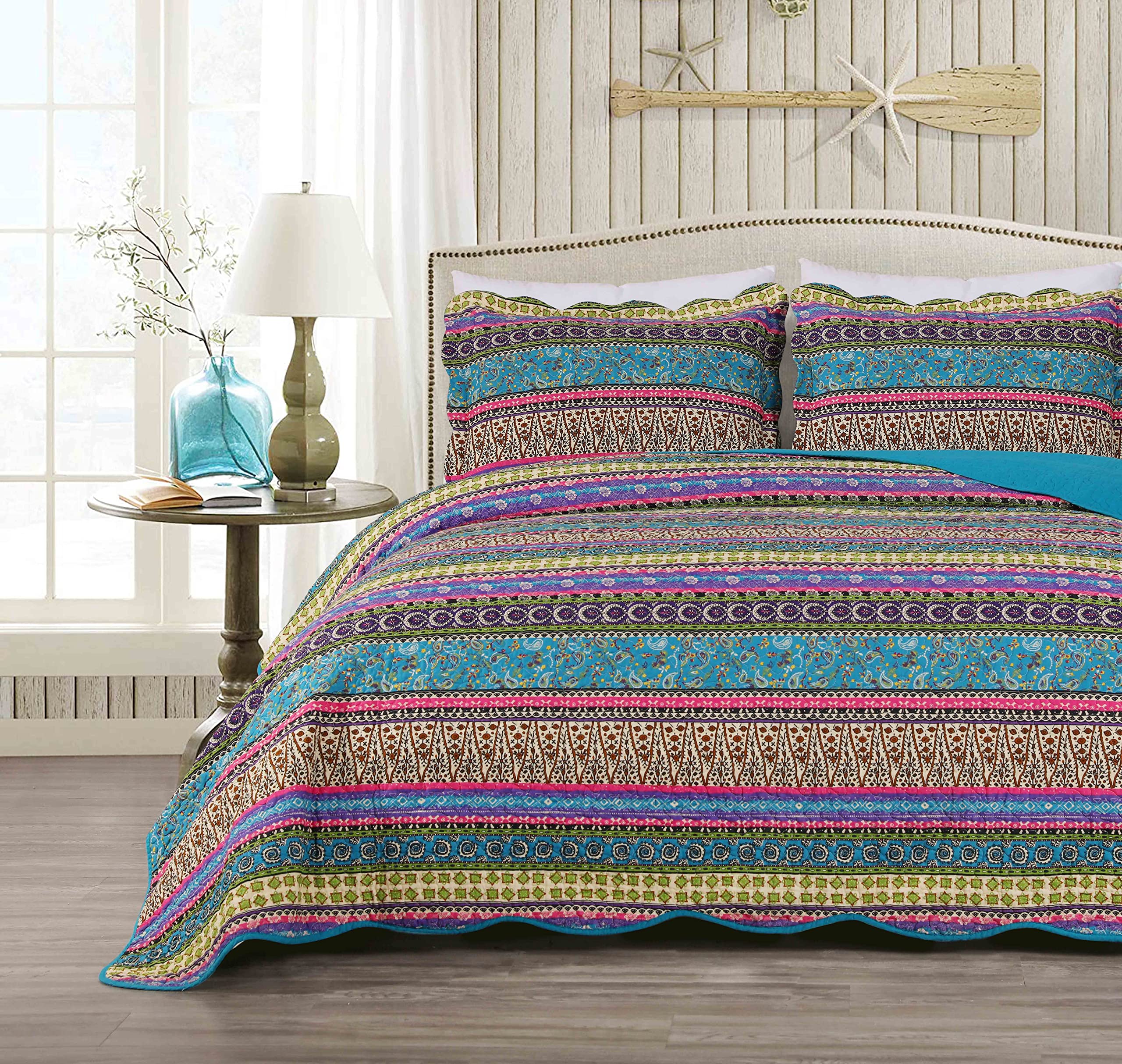 Chezmoi Collection Odette 3-Piece Boho Chic Blue Pink And Purple Pre-Washed 100% Cotton Bohemian Bedspread Quilt Set, King Size