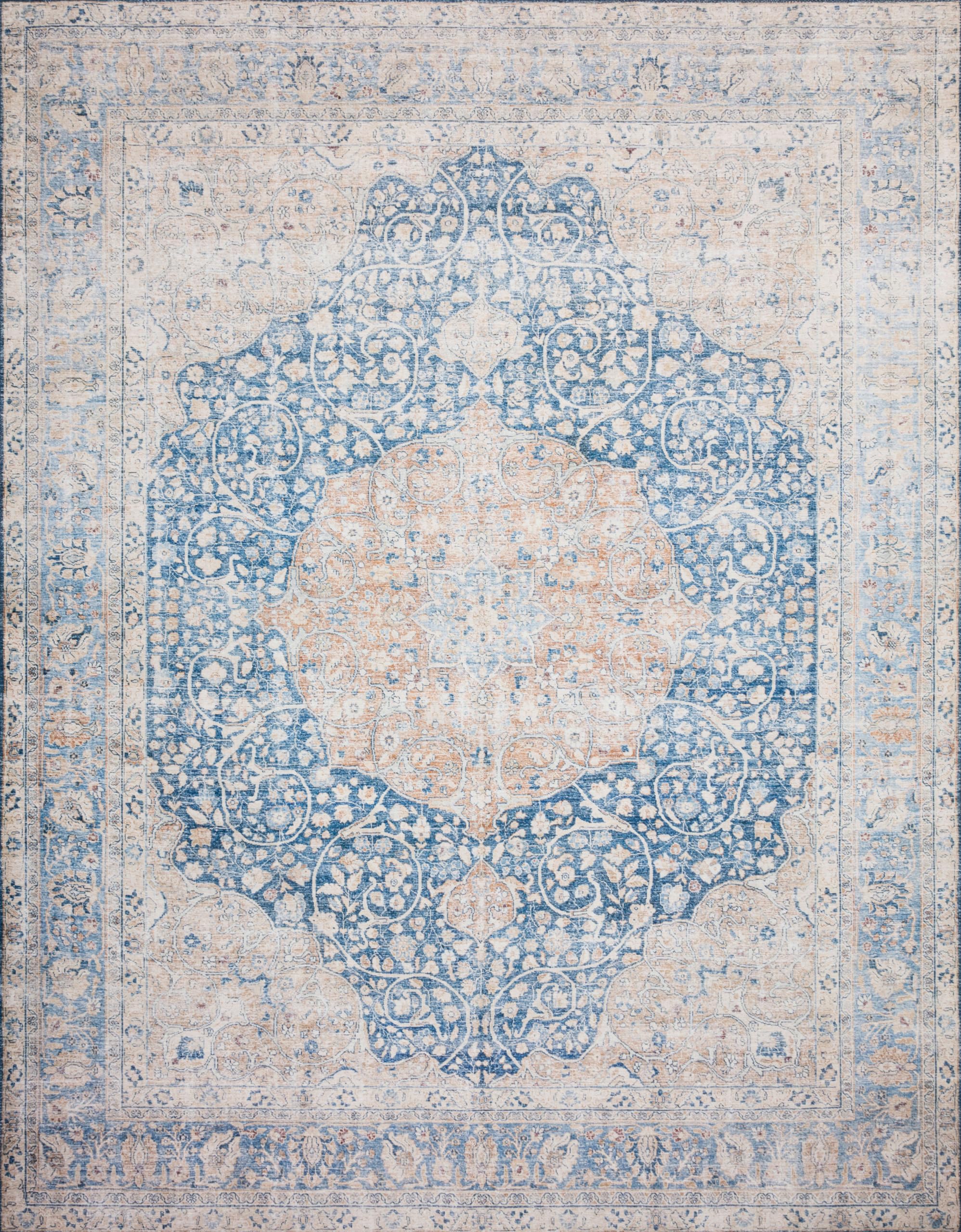 Loloi LAYLA Collection, LAY-07, Blue / Tangerine, 2-3 x 3-9, .13 Thick, Accent Rug, Soft, Durable, Vintage Inspired, Distresse