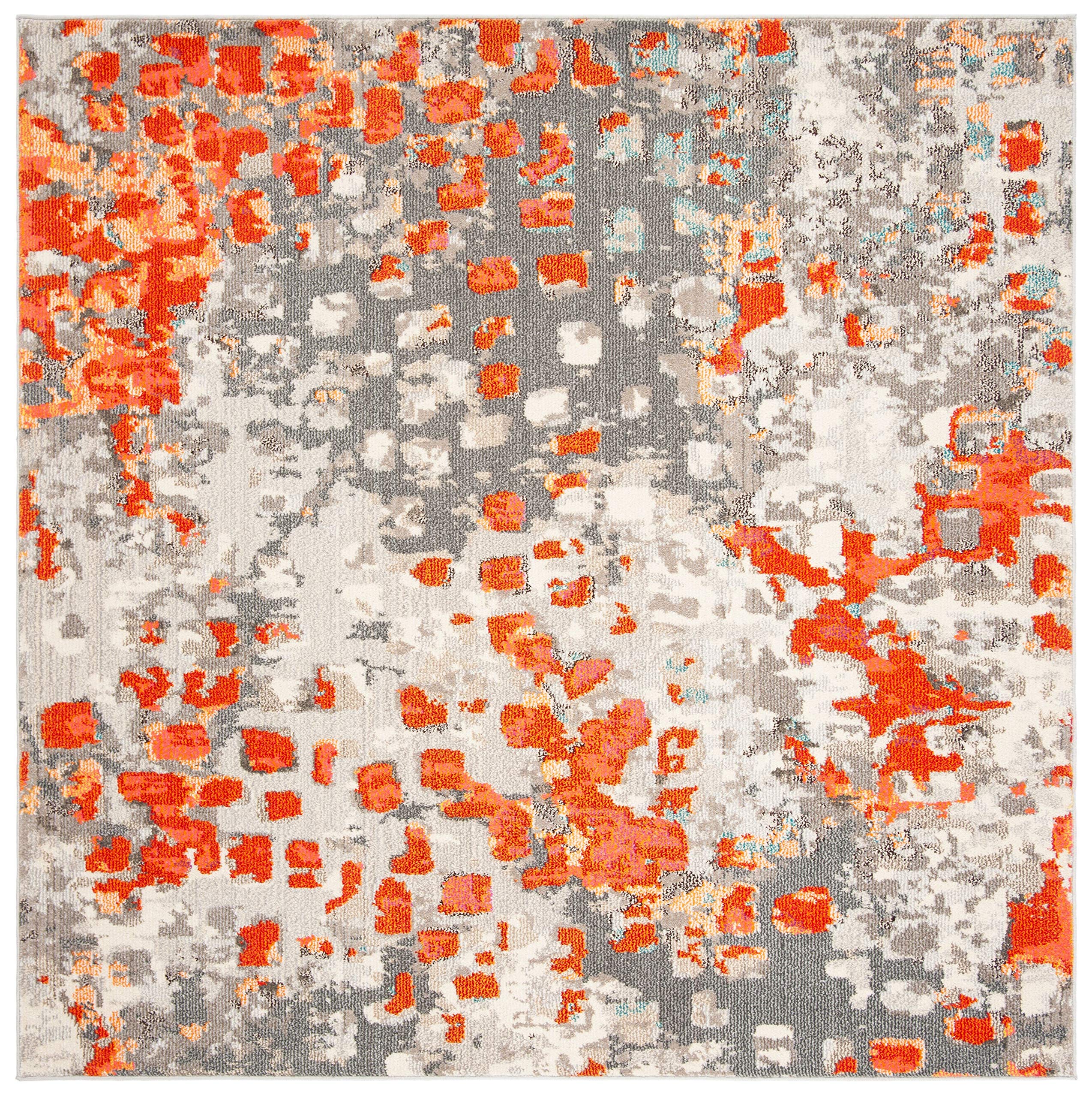 Safavieh Madison Collection 3' Square Grey/Orange Mad425H Boho Abstract Distressed Non-Shedding Living Room Bedroom Accent Rug