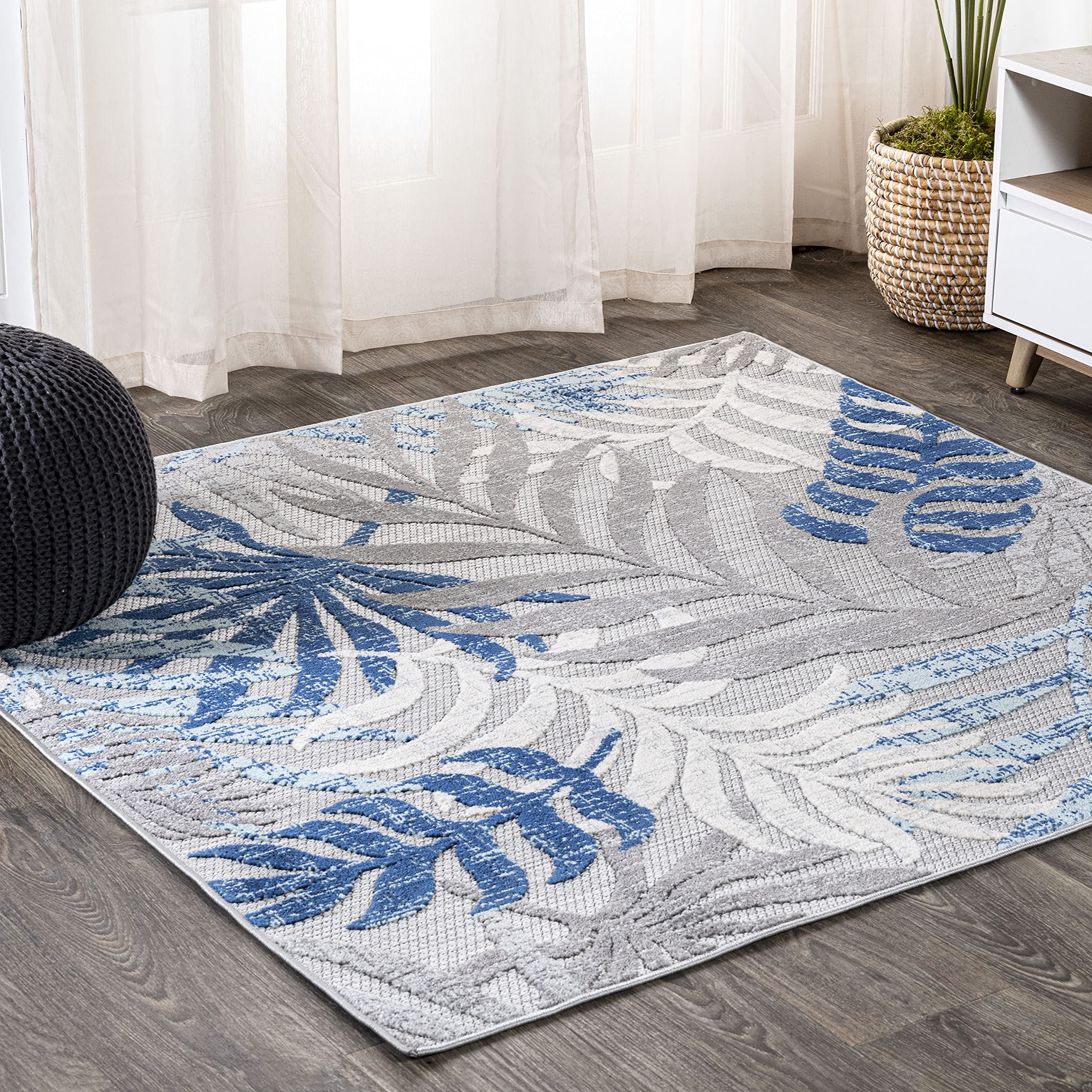 Jonathan Y Amc100A-6Sq Tropics Palm Leaves Indoor Outdoor Area-Rug Bohemian Floral Easy-Cleaning High Traffic Bedroom Kitchen Ba