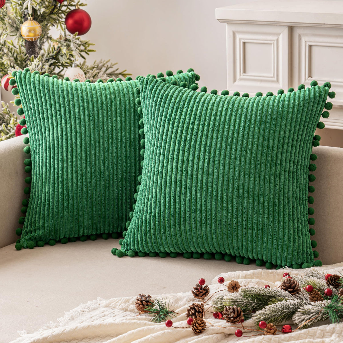 Miulee Christmas Boho Decorative Throw Pillow Covers With Pom-Poms, Soft Corduroy Square Solid Lumbar Cushion Cases For Couch So