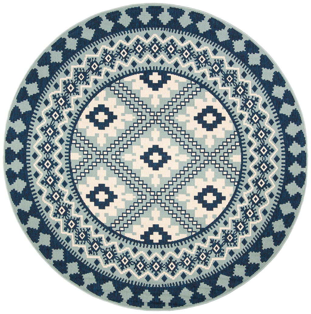 Safavieh Veranda Collection Area Rug - 8' Round, Ivory & Blue, Boho Design, Non-Shedding & Easy Care, Indoor/Outdoor & Washable-