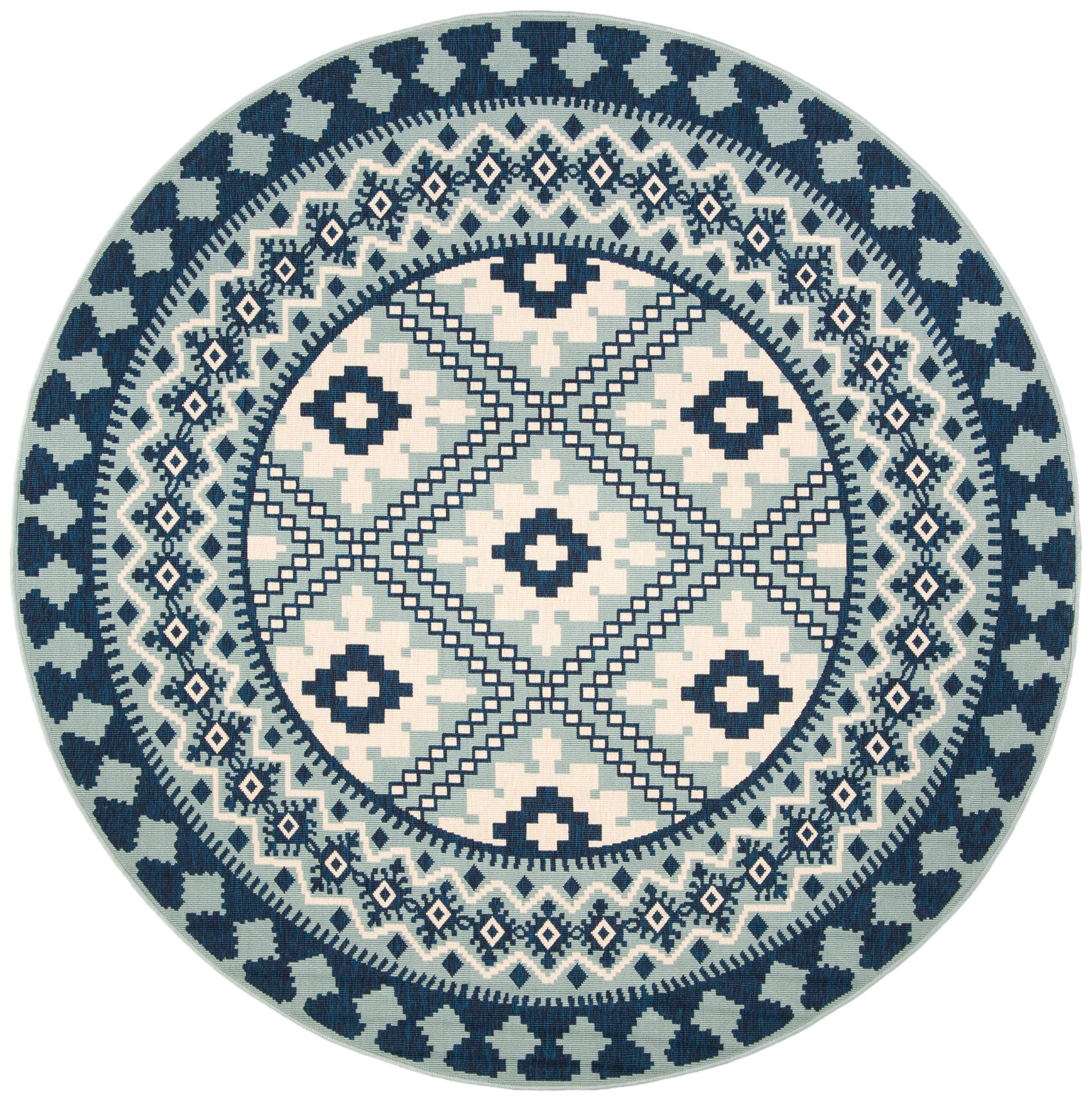 Safavieh Veranda Collection Area Rug - 8' Round, Ivory & Blue, Boho Design, Non-Shedding & Easy Care, Indoor/Outdoor & Washable-