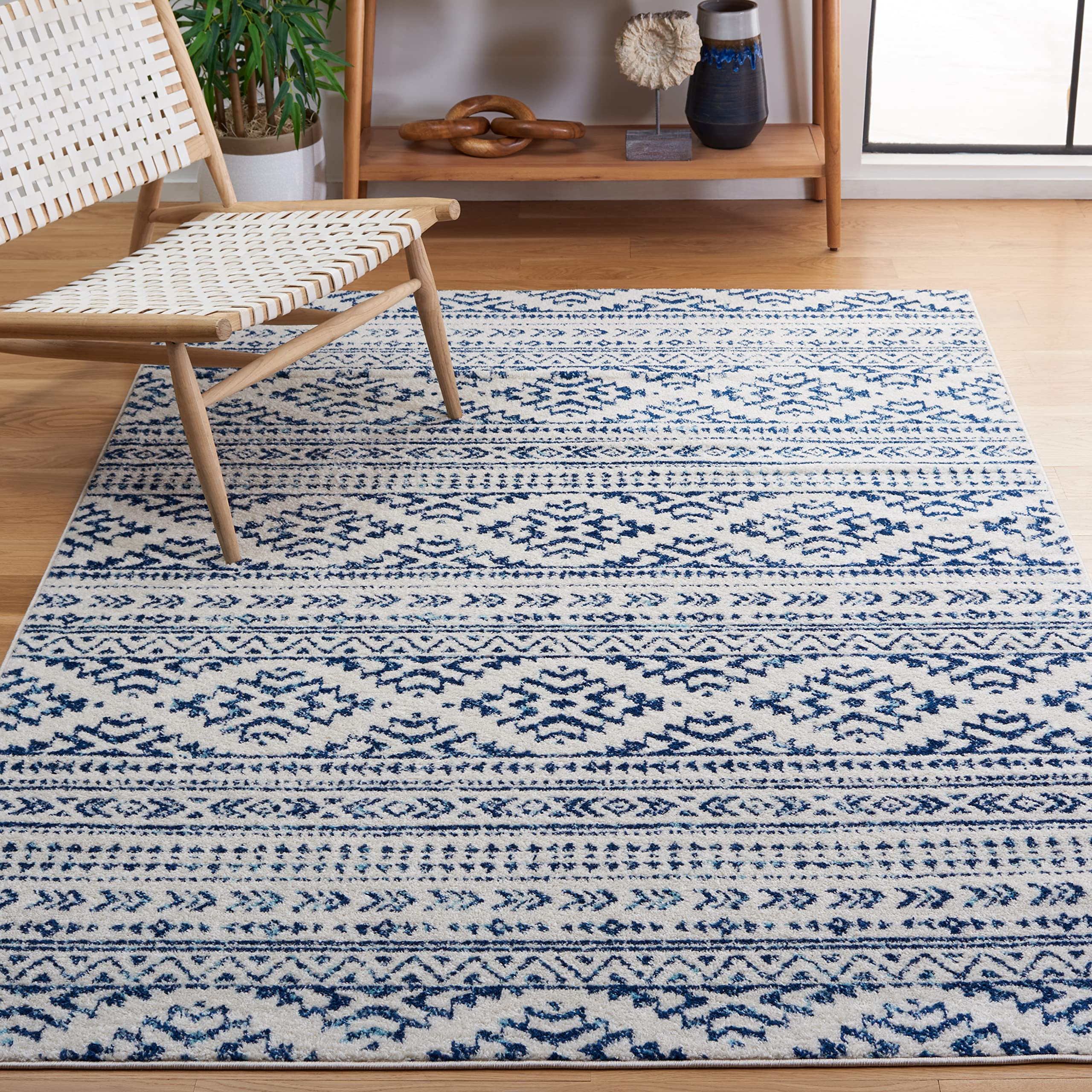 SAFAVIEH Tulum Collection Accent Rug - 3 x 5, Ivory & Navy, Moroccan Boho Tribal Design, Non-Shedding & Easy Care, Ideal for H