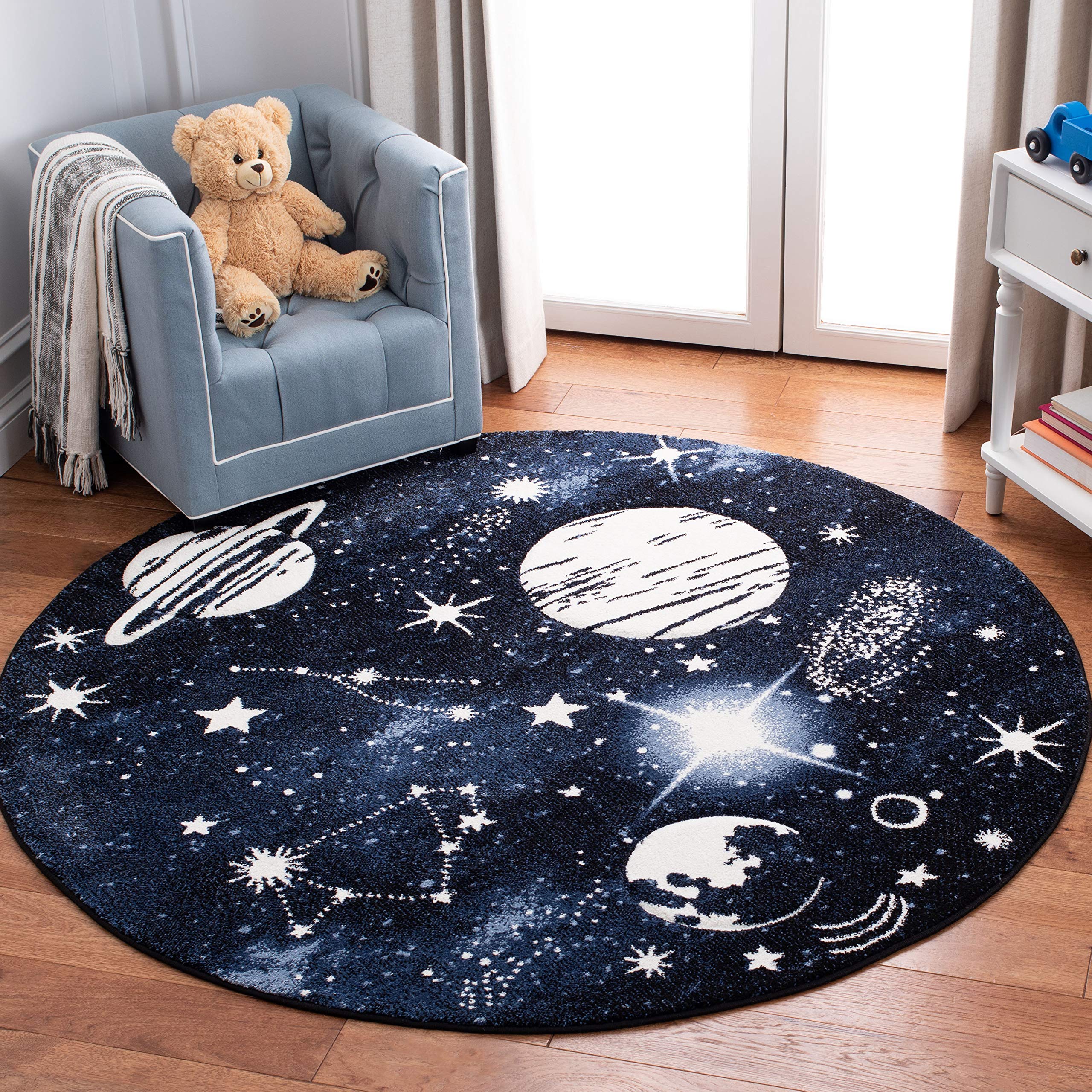 Safavieh Carousel Kids Collection 3 Round Dark Blue/Light Blue CRK122M Outer Space Non-Shedding Nursery Playroom Area Rug