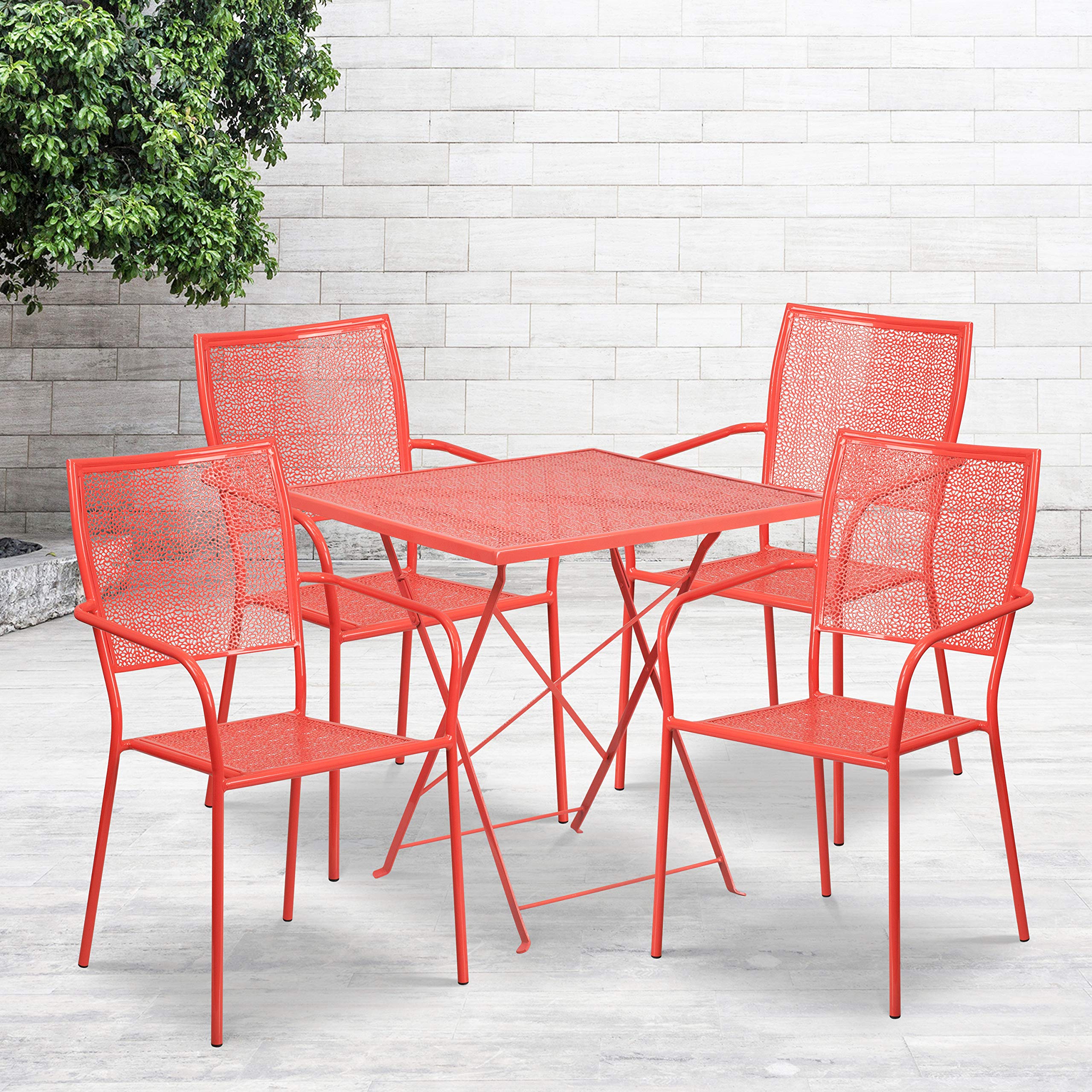 Flash Furniture Commercial Grade 28' Square Coral Indoor-Outdoor Steel Folding Patio Table Set With 4 Square Back Chairs