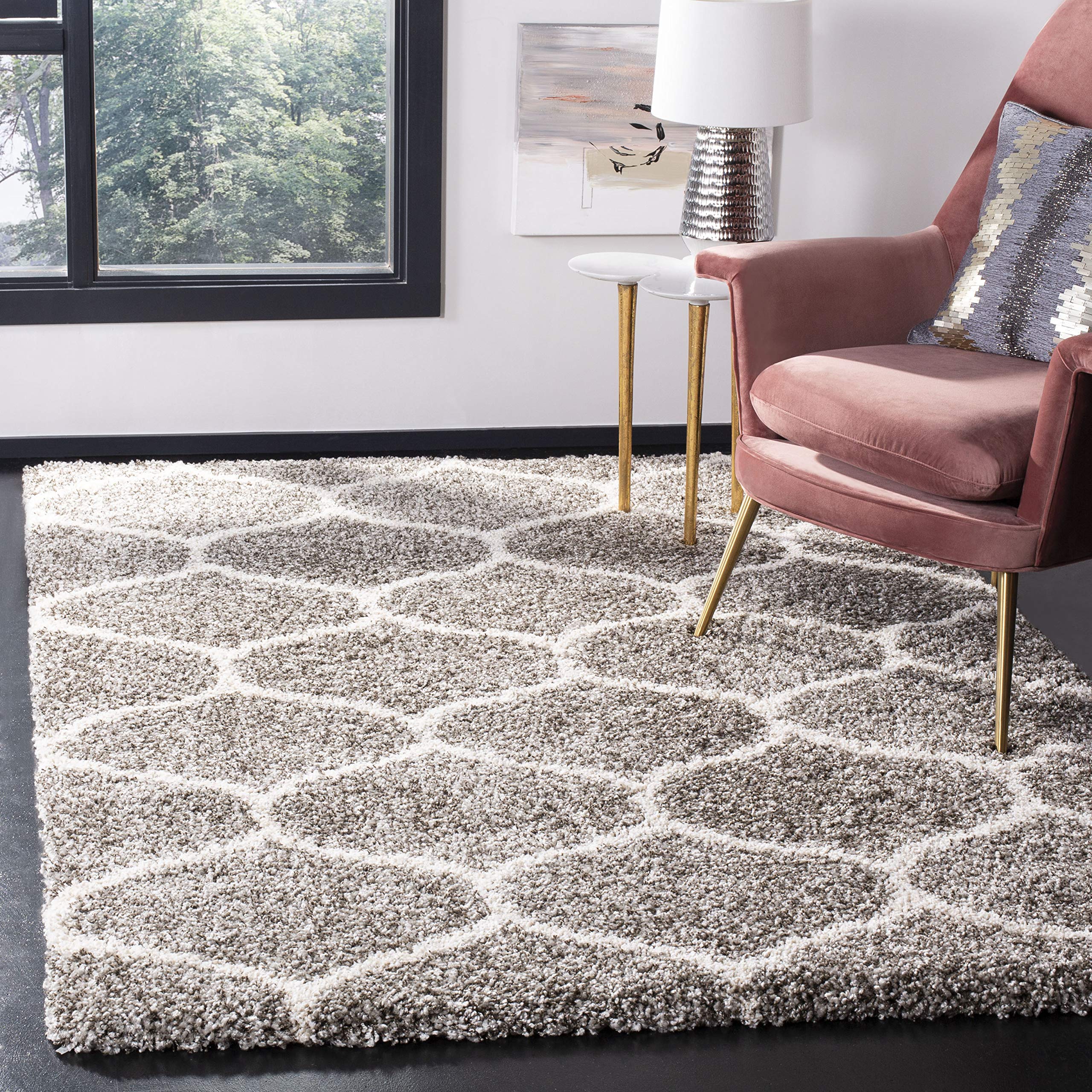 SAFAVIEH Hudson Shag Collection Accent Rug - 4 x 6, Grey & Ivory, Trellis Design, Non-Shedding & Easy Care, 2-inch Thick Ideal