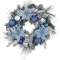 Valery Madelyn Pre-Lit Christmas Wreath for Front Door with Lights, 24 Inch Large Lighted Christmas Wreath with Silver Blue Xmas