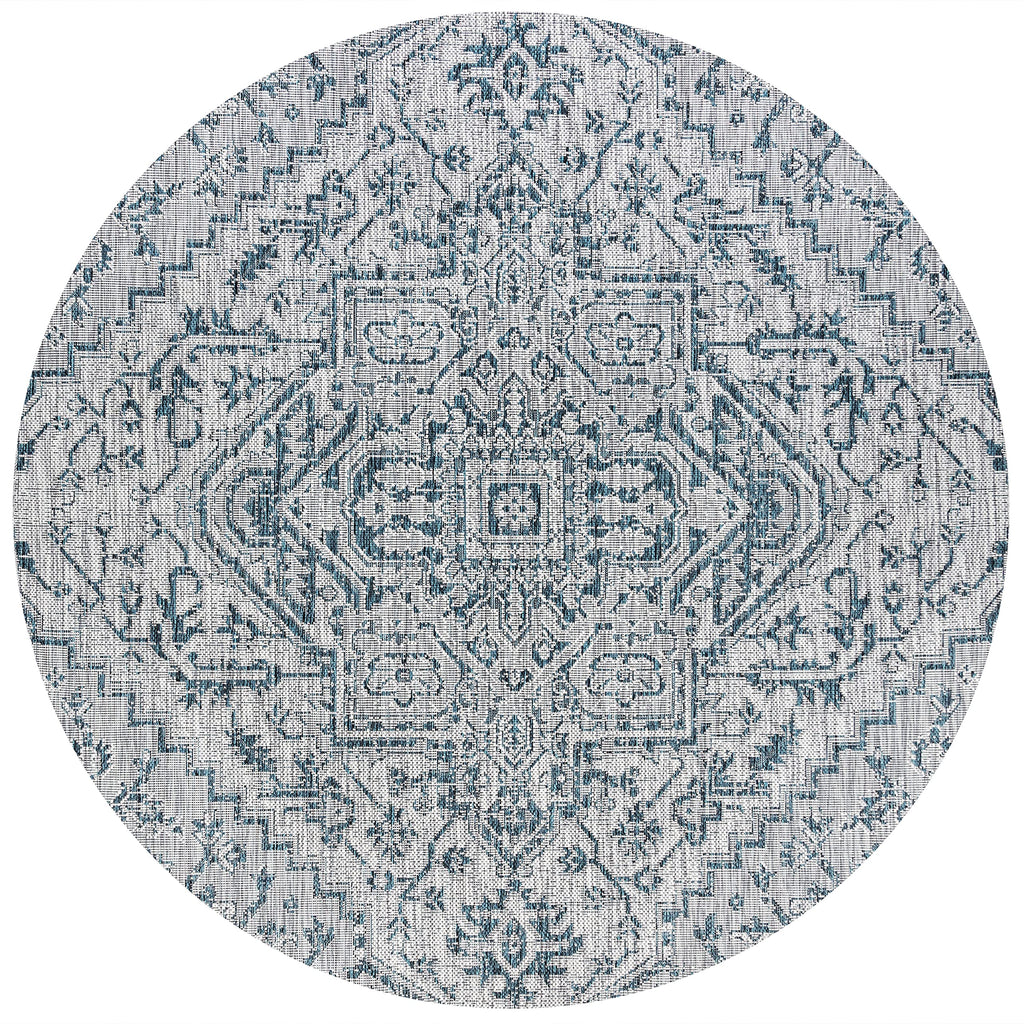 Jonathan Y Smb105C-5R Estrella Bohemian Medallion Textured Weave Indoor Outdoor Area-Rug Coastal Bohemian Rustic Glam Easy-Cleaning Bedroom Kitchen Backyard Patio Non Shedding, 5' Round, Teal/Gray