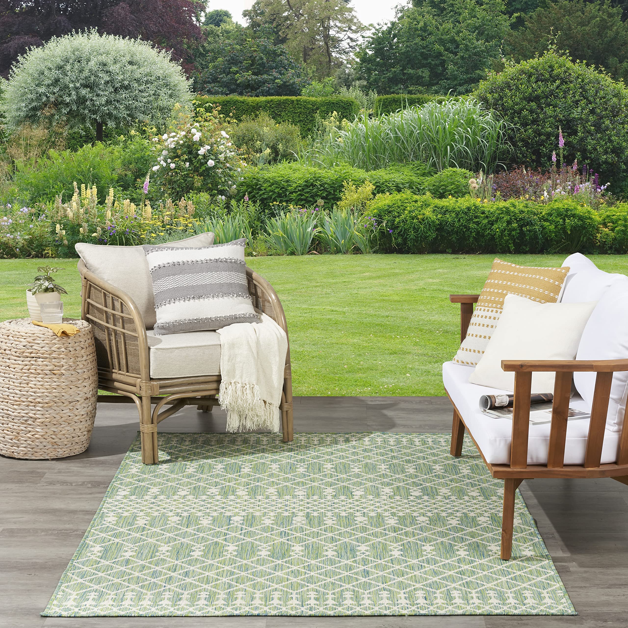 Nourison Positano Indoor/Outdoor Blue Green 7' X 10' Area Rug, Easy Cleaning, Non Shedding, Bed Room, Living Room, Dining Room, Deck, Backyard, Patio (7X10)