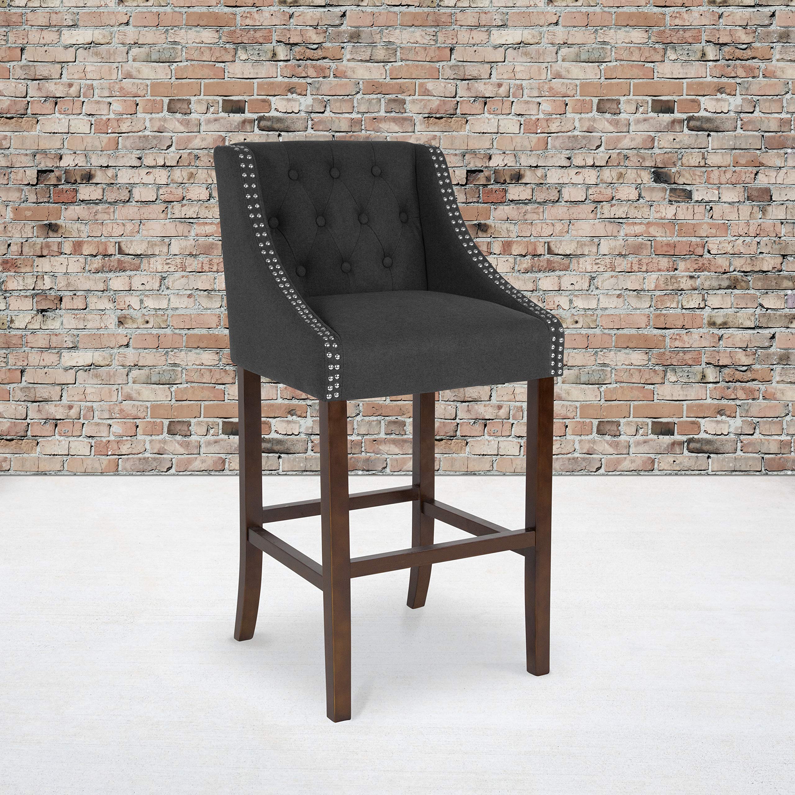 Flash Furniture Carmel Series 30' High Transitional Tufted Walnut Barstool With Accent Nail Trim In Charcoal Fabric