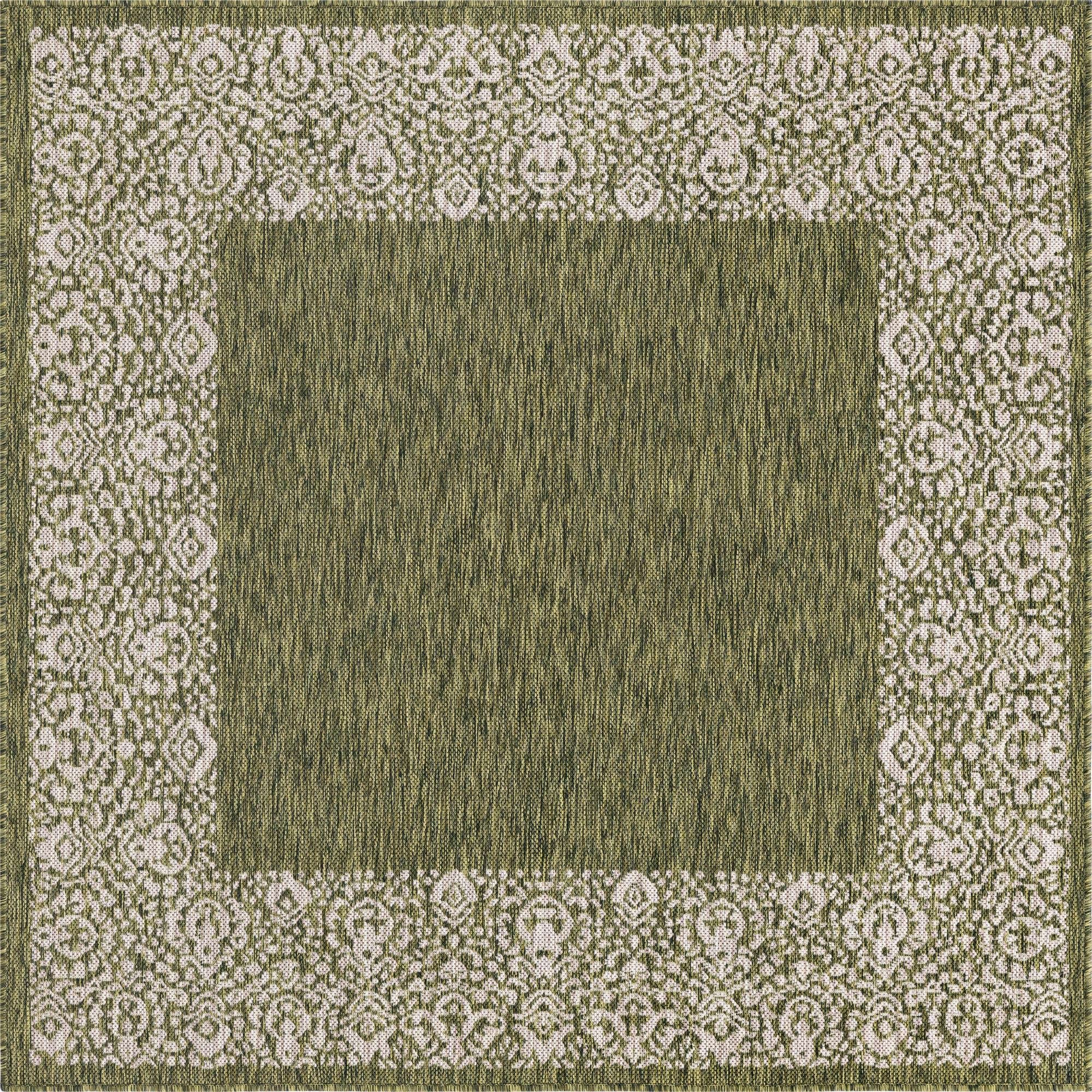 Unique Loom Outdoor Border Collection Area Rug - Floral Border (7' 10' Square, Green/ Ivory)