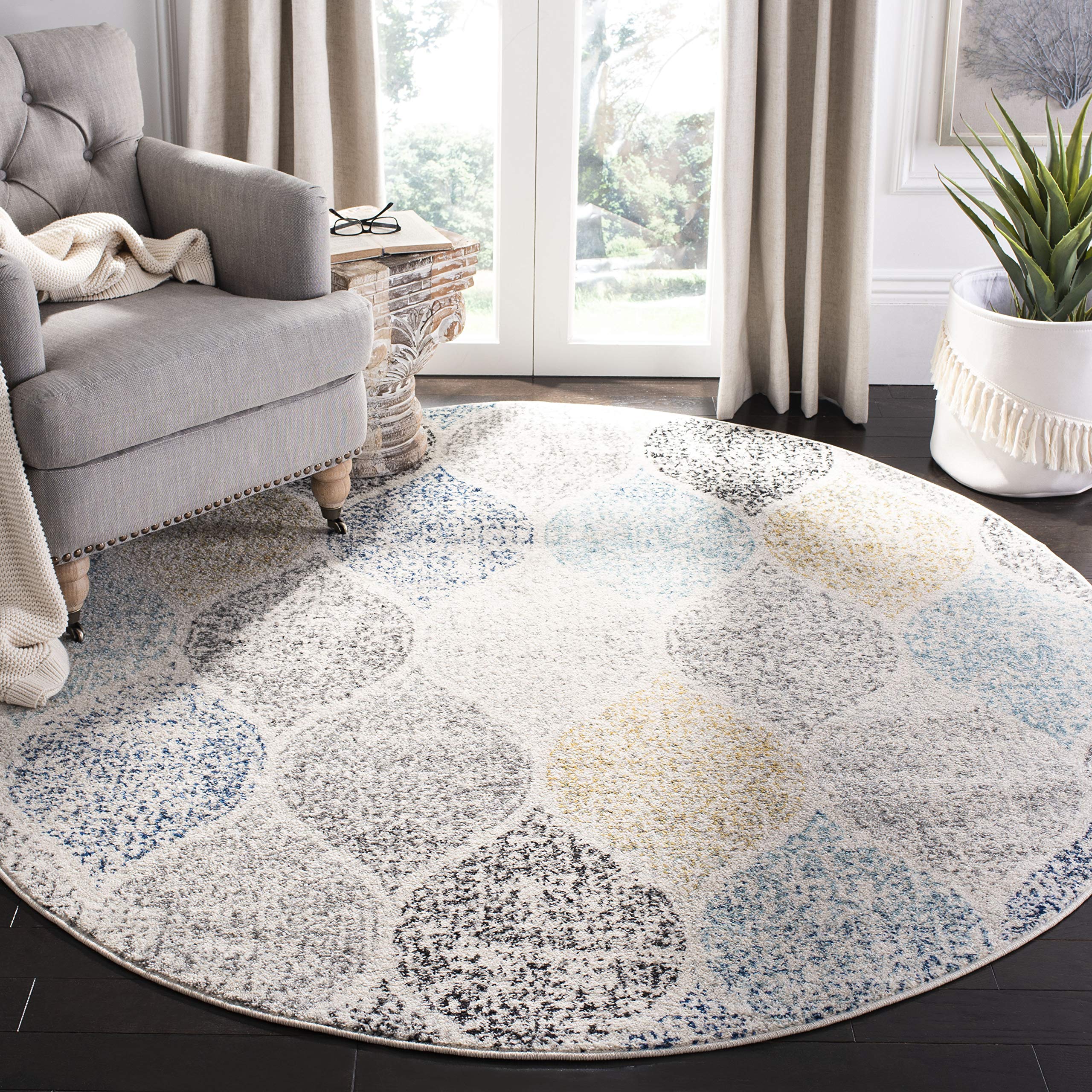 SAFAVIEH Madison Collection 9 Round Ivory/Blue MAD604D Glam Ogee Trellis Distressed Non-Shedding Dining Room Entryway Foyer Liv