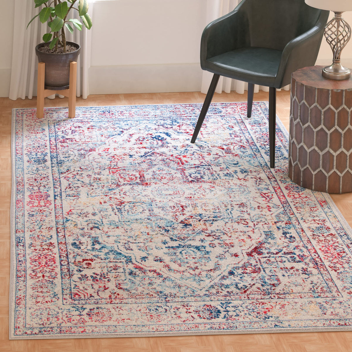 SAFAVIEH Brentwood Collection 5'3'' x 7'6'' Ivory/Blue BNT832B Medallion Distressed Non-Shedding Living Room Bedroom Dining Home