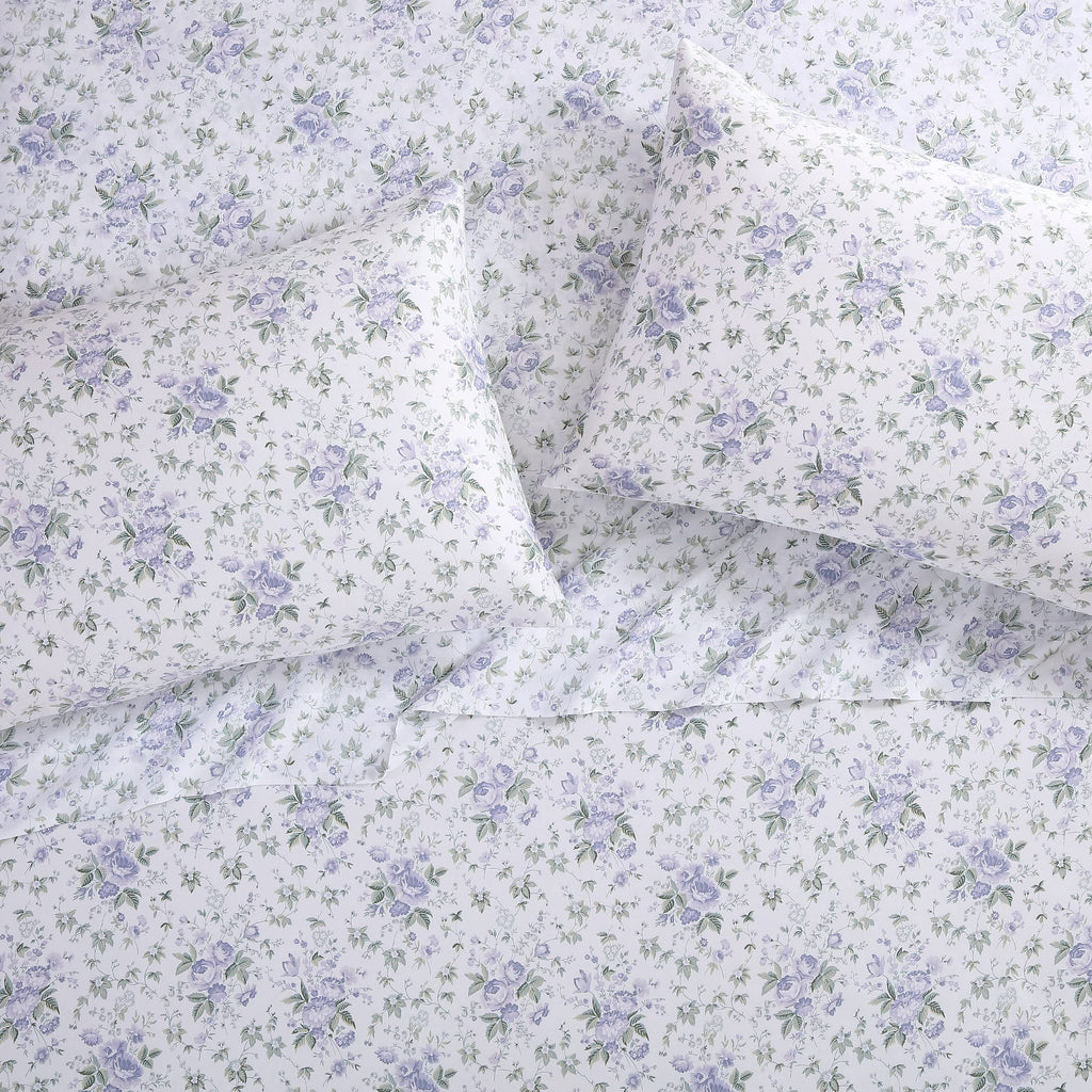 Laura Ashley Home King Sheet Set, Soft Sateen Cotton Bedding Set - Sleek, Smooth, & Breathable,Lilian Purple