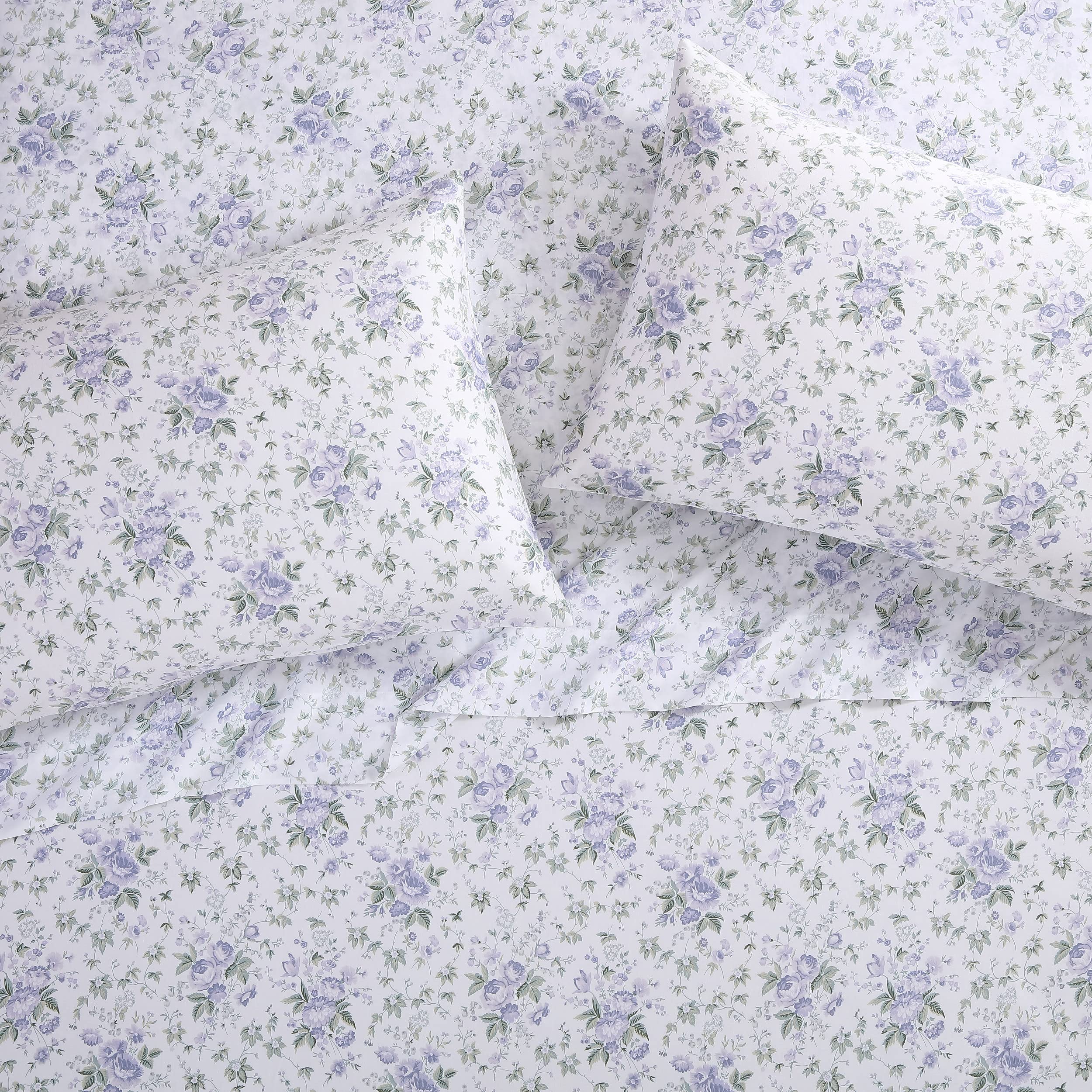 Laura Ashley Home King Sheet Set, Soft Sateen Cotton Bedding Set - Sleek, Smooth, & Breathable,Lilian Purple
