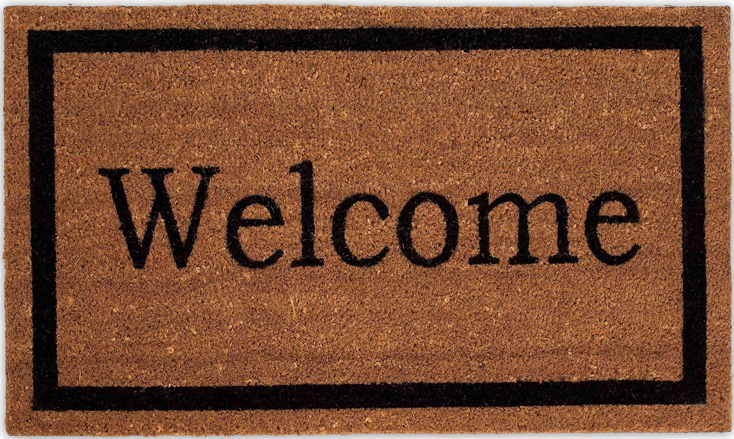 Birdrock Home Welcome Coir Doormat - Vinyl Backed, Waterproof, Dirt Trapper, Heavy Duty, For Indoor/Outdoor Entry, Porch, Garage, Black Border, Natural Fade, Mud Catching, House, 18 X 30 Inch