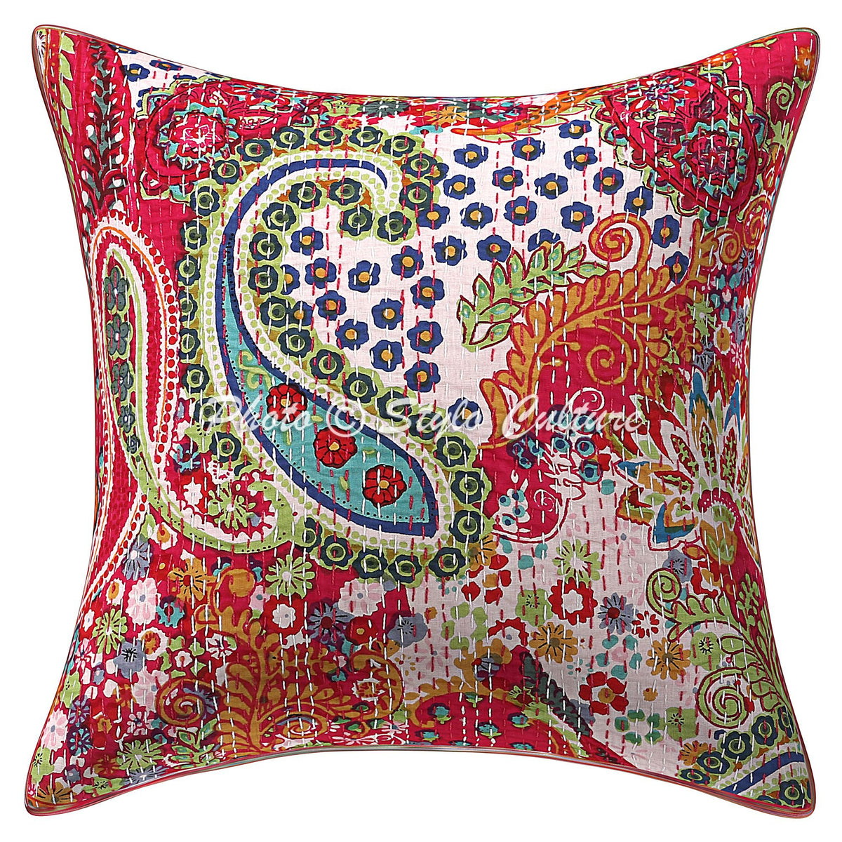 Stylo Culture Decorative Cotton Cushion Cover For Bed 16X16 Inch Kantha Embroidered Pink Drawing Room Decor Paisley Traditional