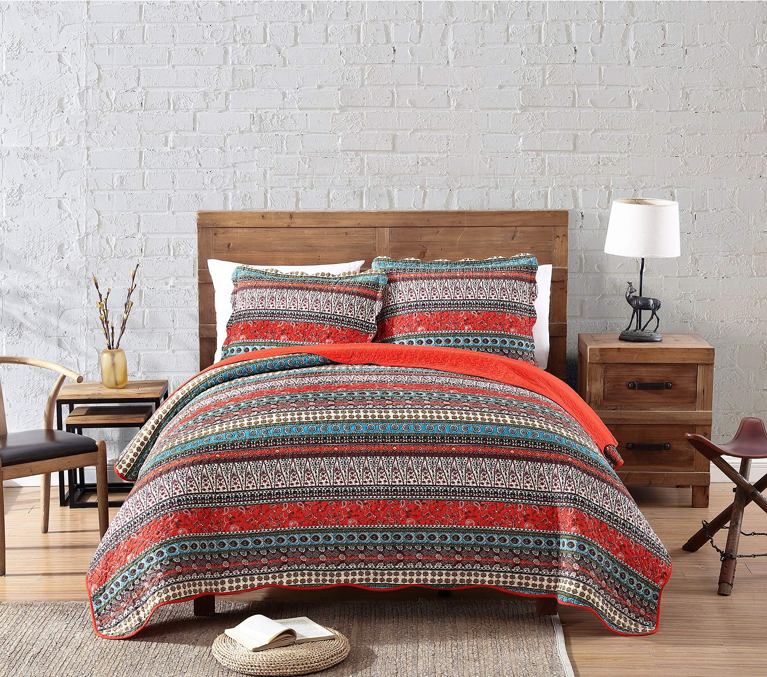 Chezmoi Collection Odette 3-Piece Boho Chic Rust Orange Brown And Red Pre-Washed 100% Cotton Bohemian Bedspread Quilt Set, King