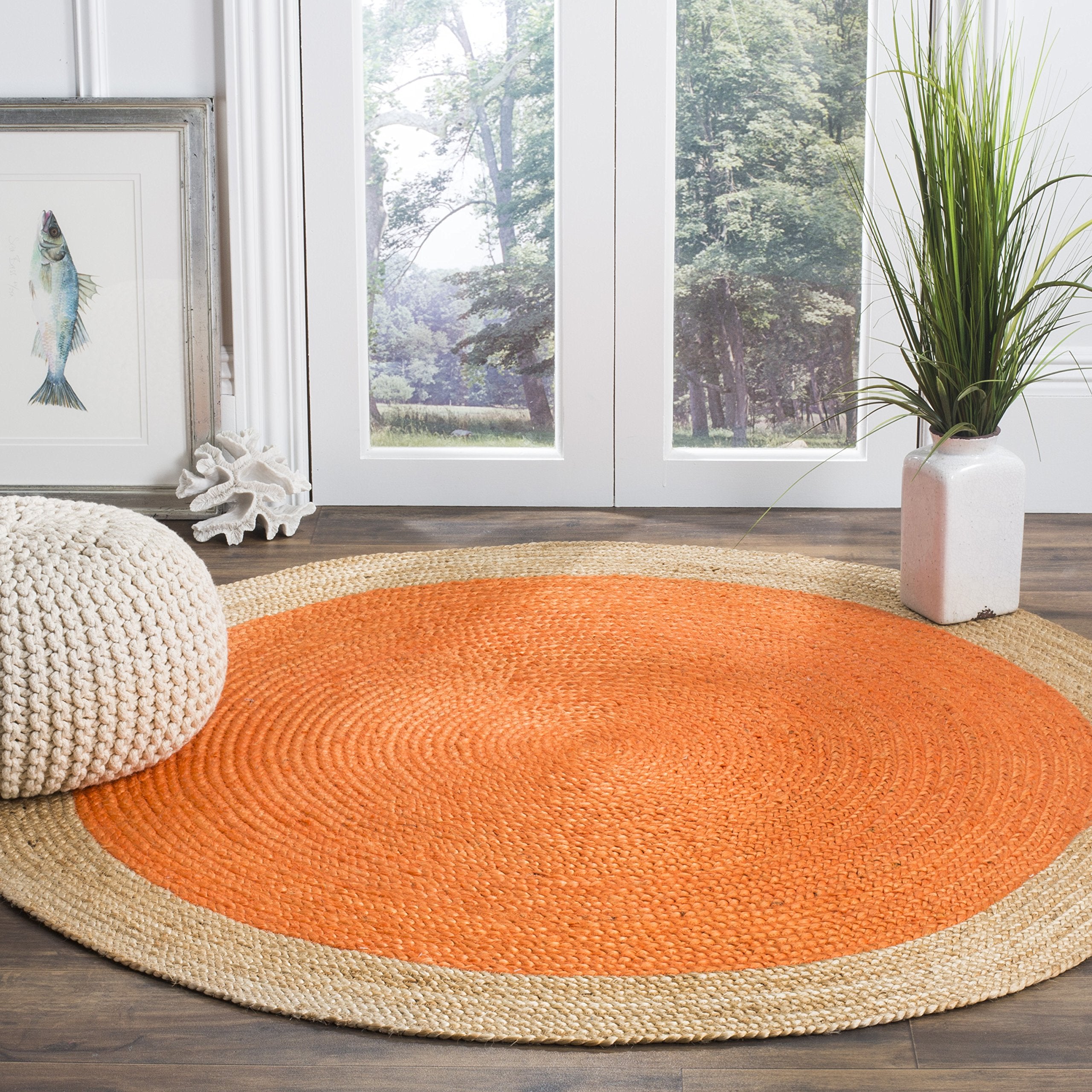 SAFAVIEH Natural Fiber Round Collection 8 Round Orange NF801B Handmade Boho Braided Jute Area Rug