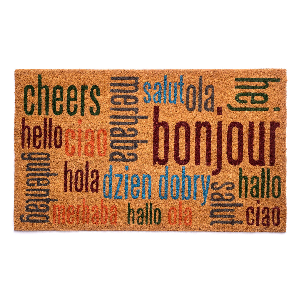 Notrax Multi-Lingual Hello, Vinyl-Backed Natural Coir Doormat, Entry Mat For Indoor Or Outdoor Use, 18'X30', C12 (C12S1830Hw)
