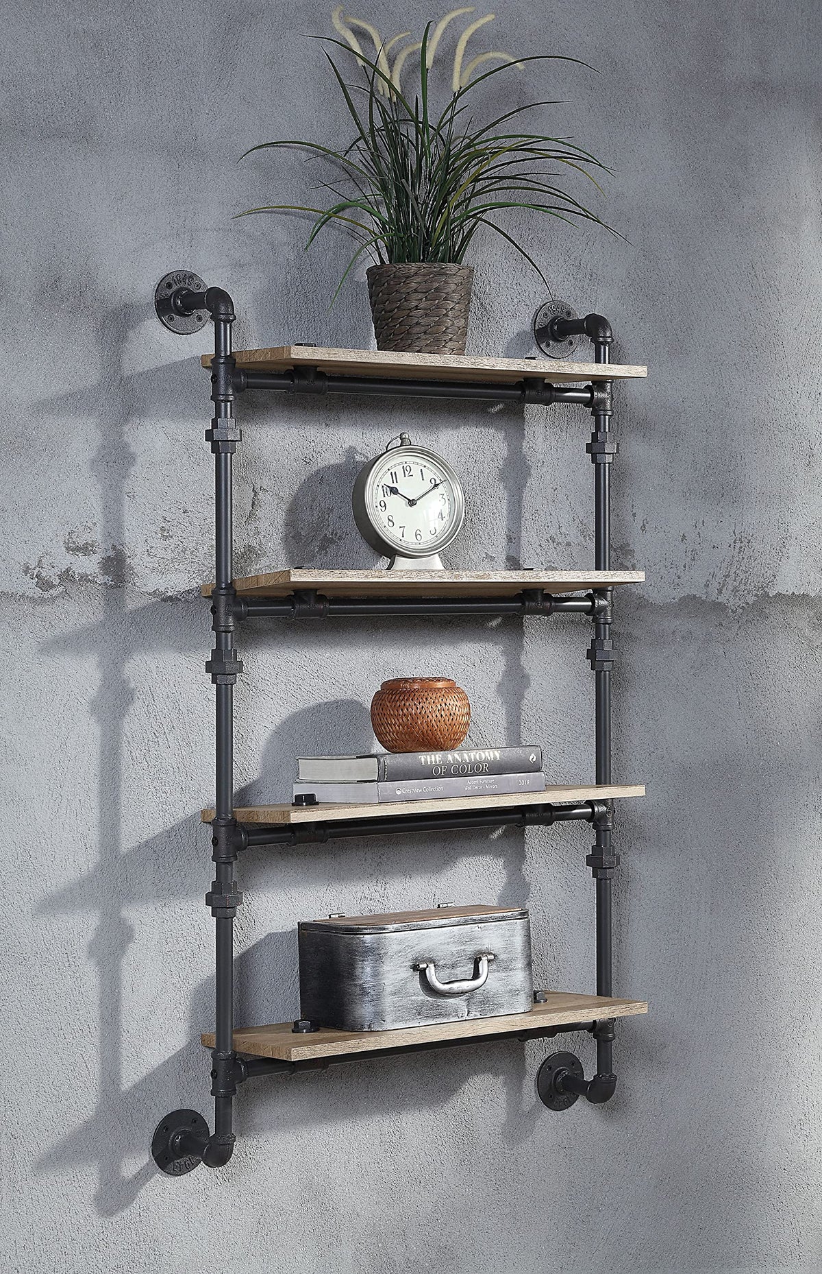 Acme Brantley Wall Rack with 4 Wooden Shelves in Oak and Sandy Black