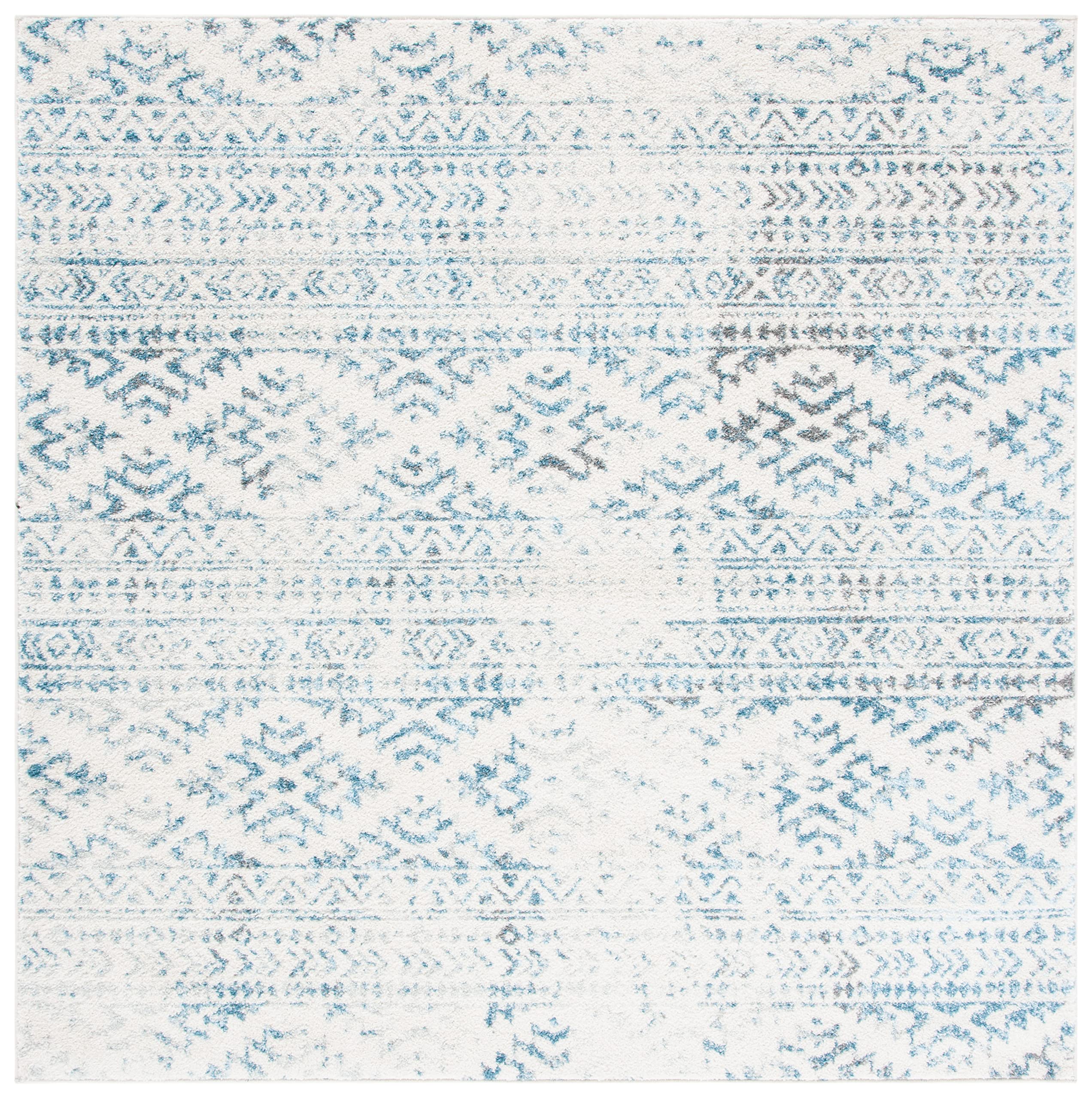 SAFAVIEH Tulum Collection Area Rug - 12 Square, Ivory & Turquoise, Moroccan Boho Tribal Design, Non-Shedding & Easy Care, Ideal