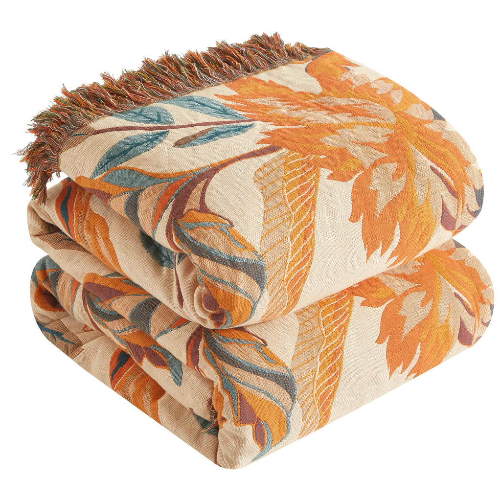 Boho Throw Blanket for Bed 80   x90   , 100% Cotton Woven Blanket for Couch Sofa, Ultra Soft 4-Layer Muslin Quilt with Floral Pr