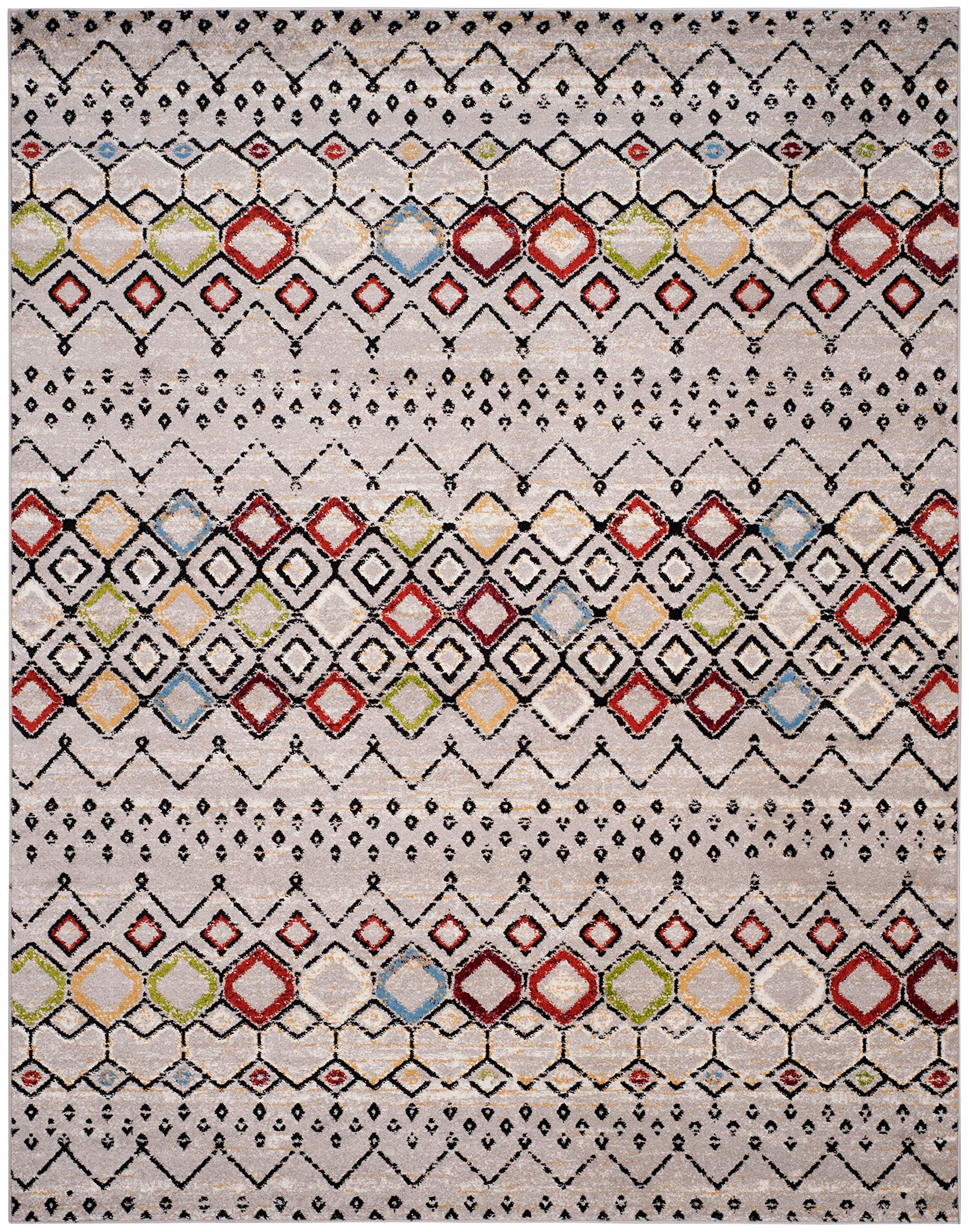 Safavieh Amsterdam Collection Area Rug - 9' X 12', Light Grey & Multi, Moroccan Boho Design, Non-Shedding & Easy Care, Ideal For