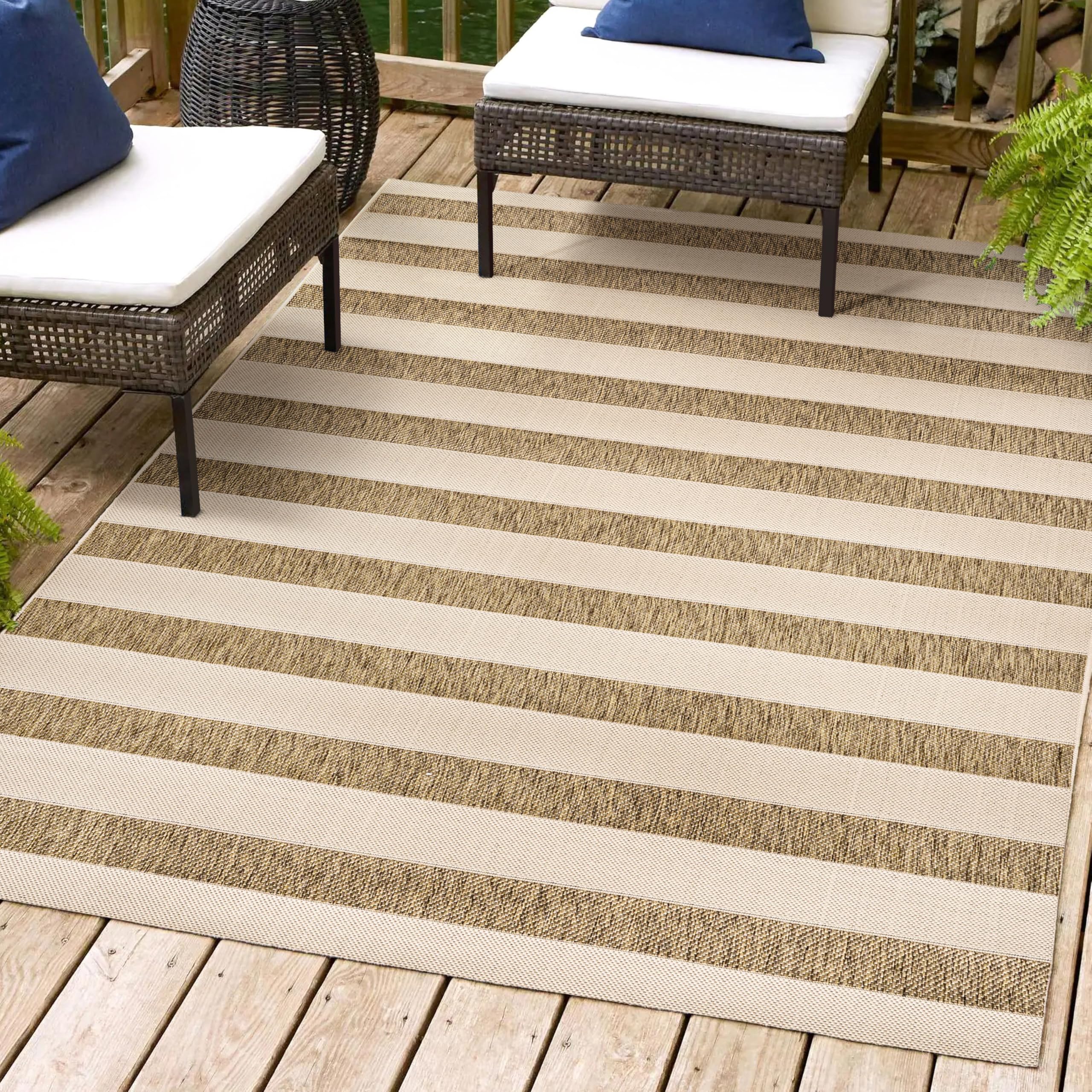 Jonathan Y Smb112A-4 Aveiro Wide Stripe Indoor Outdoor Area Rug, Bohemian, Coastal, Mediterranean Easy Cleaning,Bedroom,Kitchen,Backyard,Patio,Non Shedding, Beige/Brown, 4 X 6