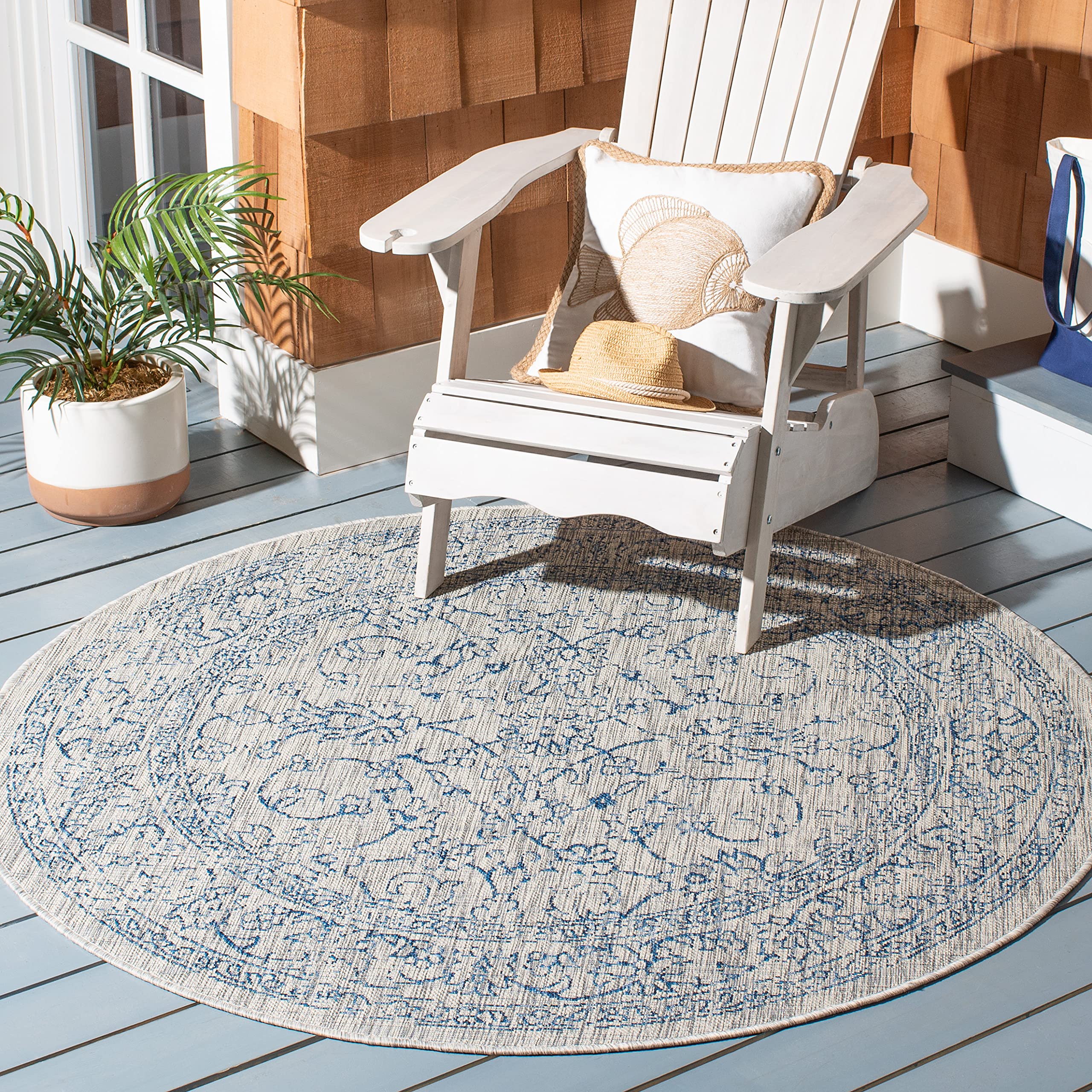 Safavieh Courtyard Collection 5'3' Round Grey/Navy Cy8680 Indoor/ Outdoor Patio Backyard Mudroom Area Rug