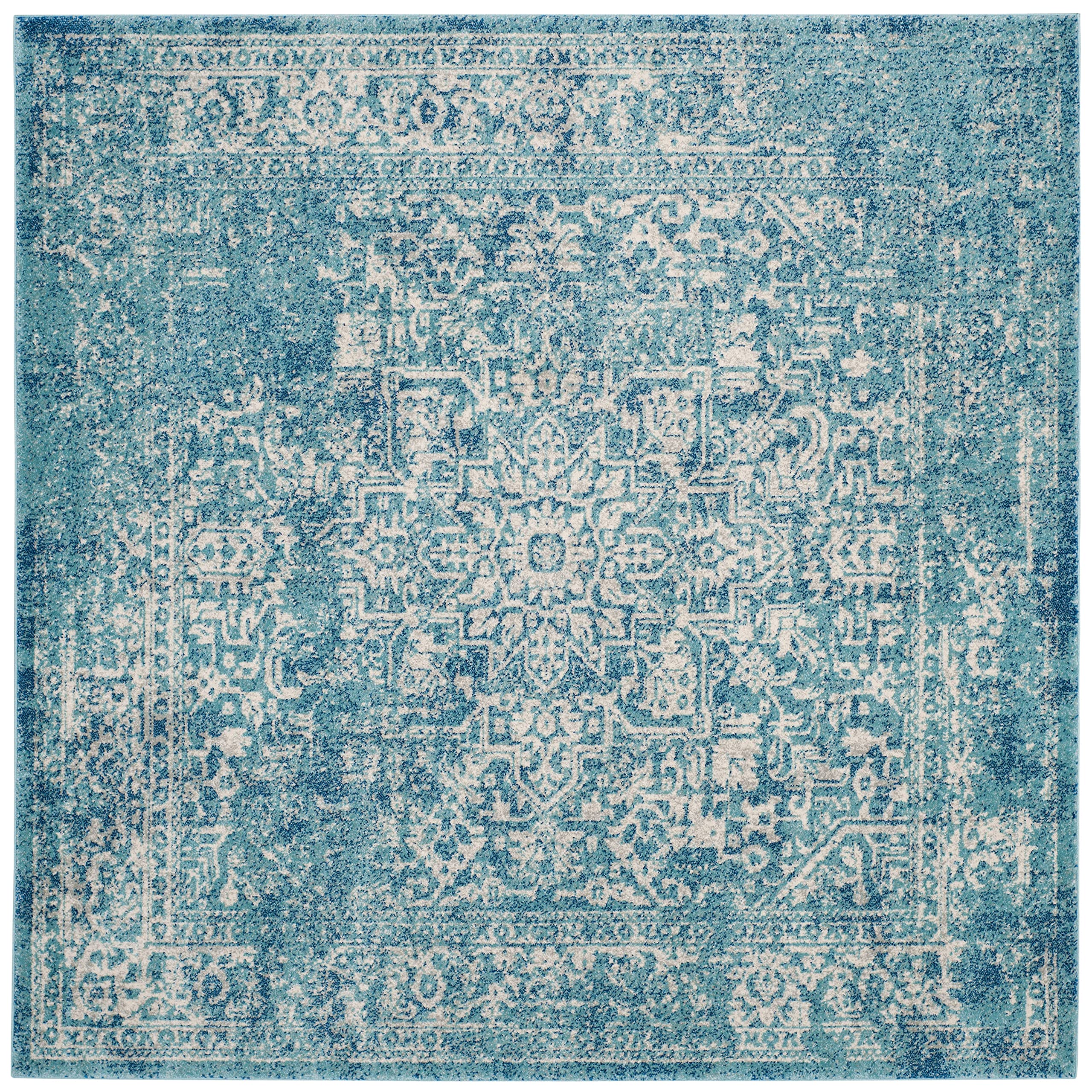 SAFAVIEH Evoke Collection Accent Rug - 3 Square, Blue & Ivory, Distressed Design, Non-Shedding & Easy Care, Ideal for High Traf