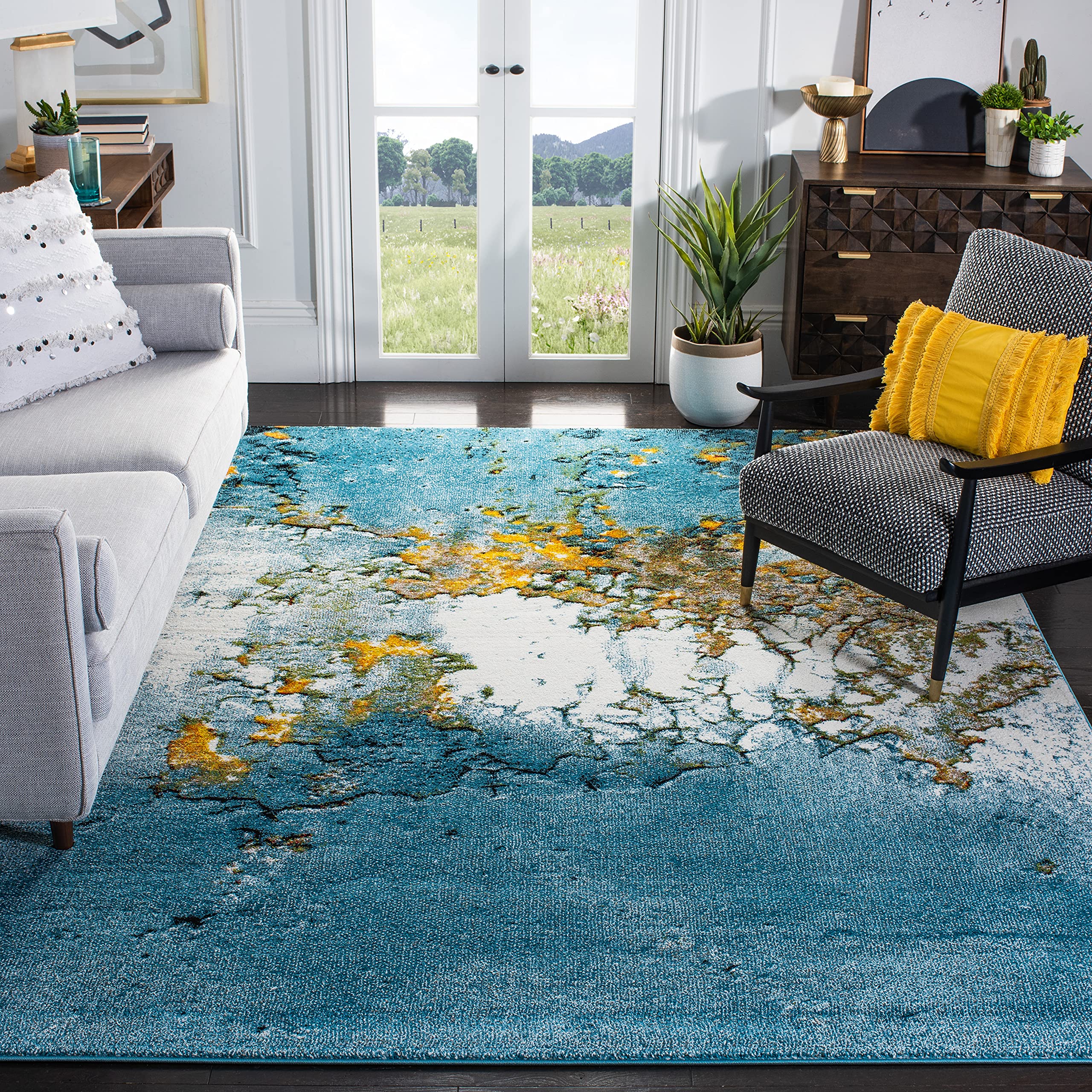 SAFAVIEH Glacier Collection 106 x 14 Blue/Gold GLA125M Modern Abstract Non-Shedding Living Room Bedroom Dining Home Office Are