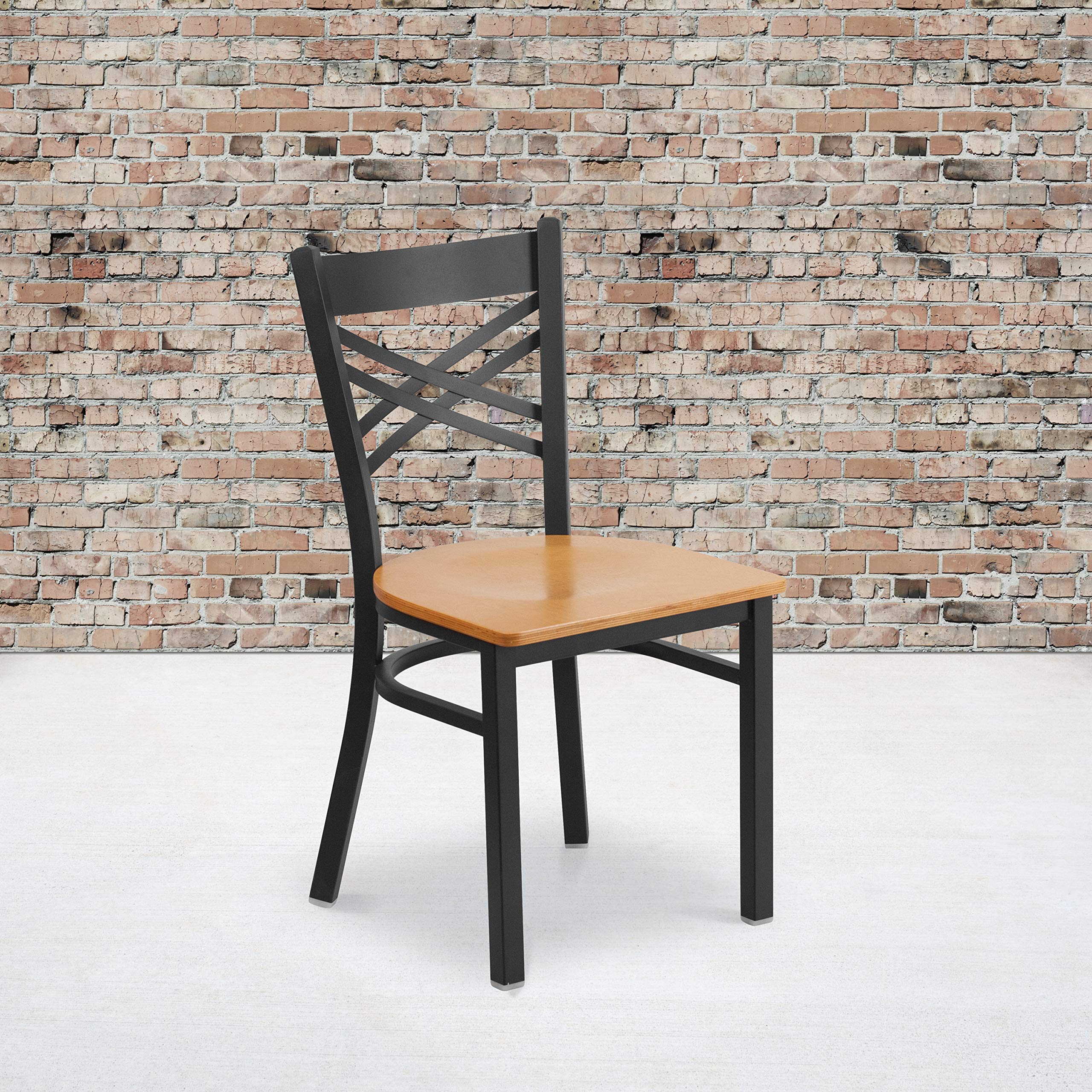 Flash Furniture HERCULES Series Black ''X'' Back Metal Restaurant Chair - Natural Wood Seat