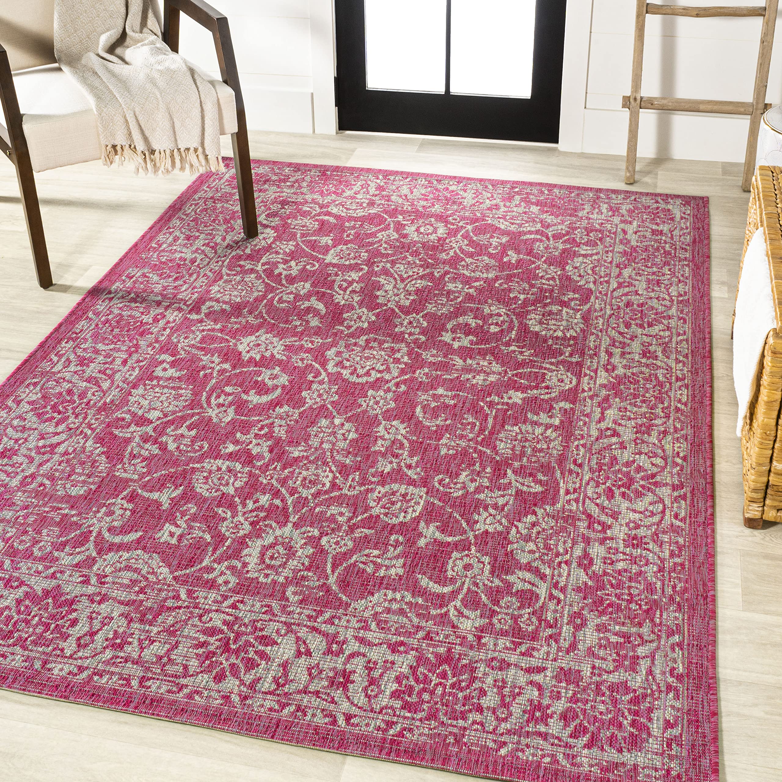 Jonathan Y Smb100G-9 Tela Bohemian Textured Weave Floral Indoor Outdoor Area Rug, Coastal,Traditional,Transitional Easy Clean,Bedroom,Kitchen,Backyard,Patio, Non-Shed, Fuchsia/Light Gray, 9 X 12