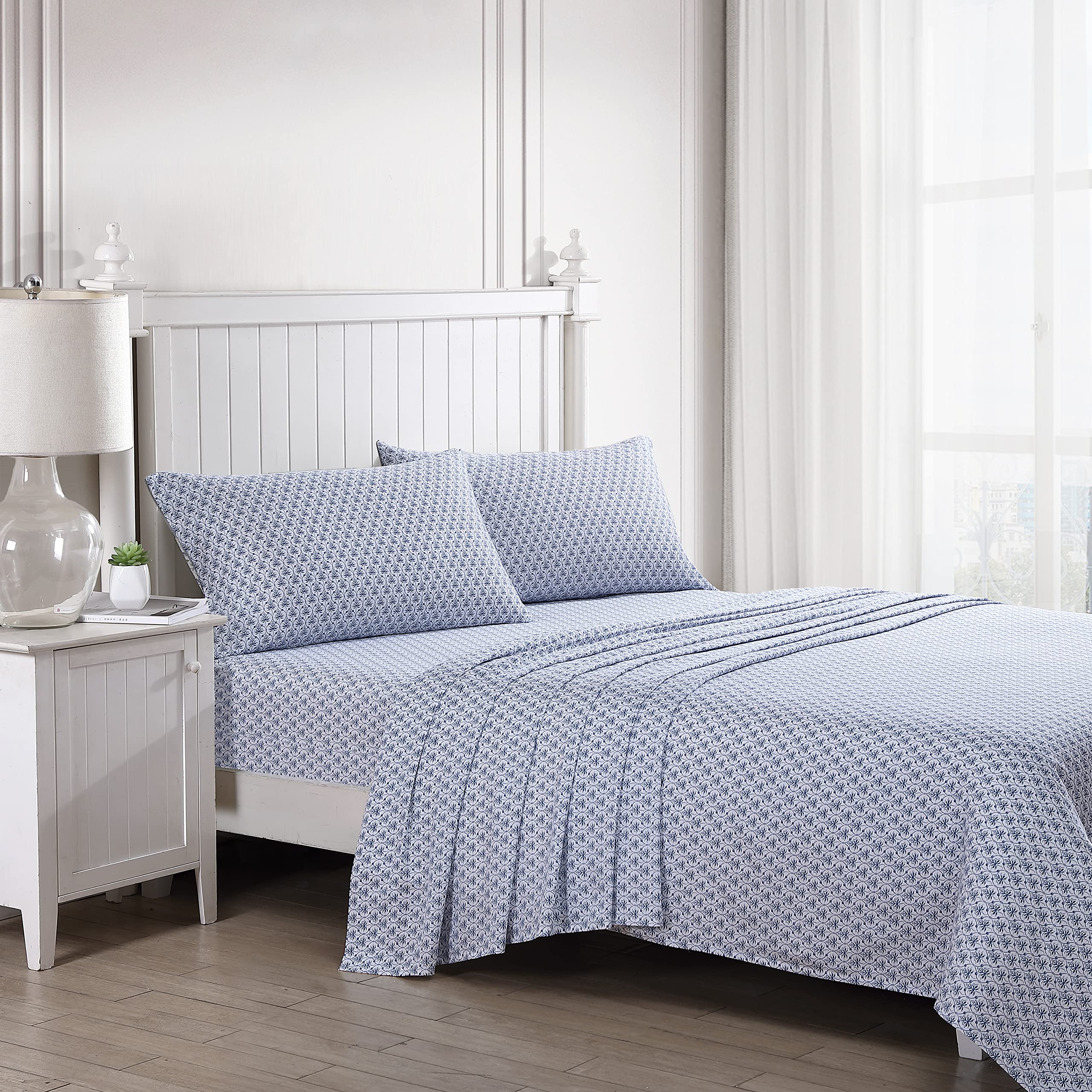 Laura Ashley Home Queen Sheet Set, Soft Sateen Cotton Bedding Set - Sleek, Smooth, & Breathable, Rosemarie Blue