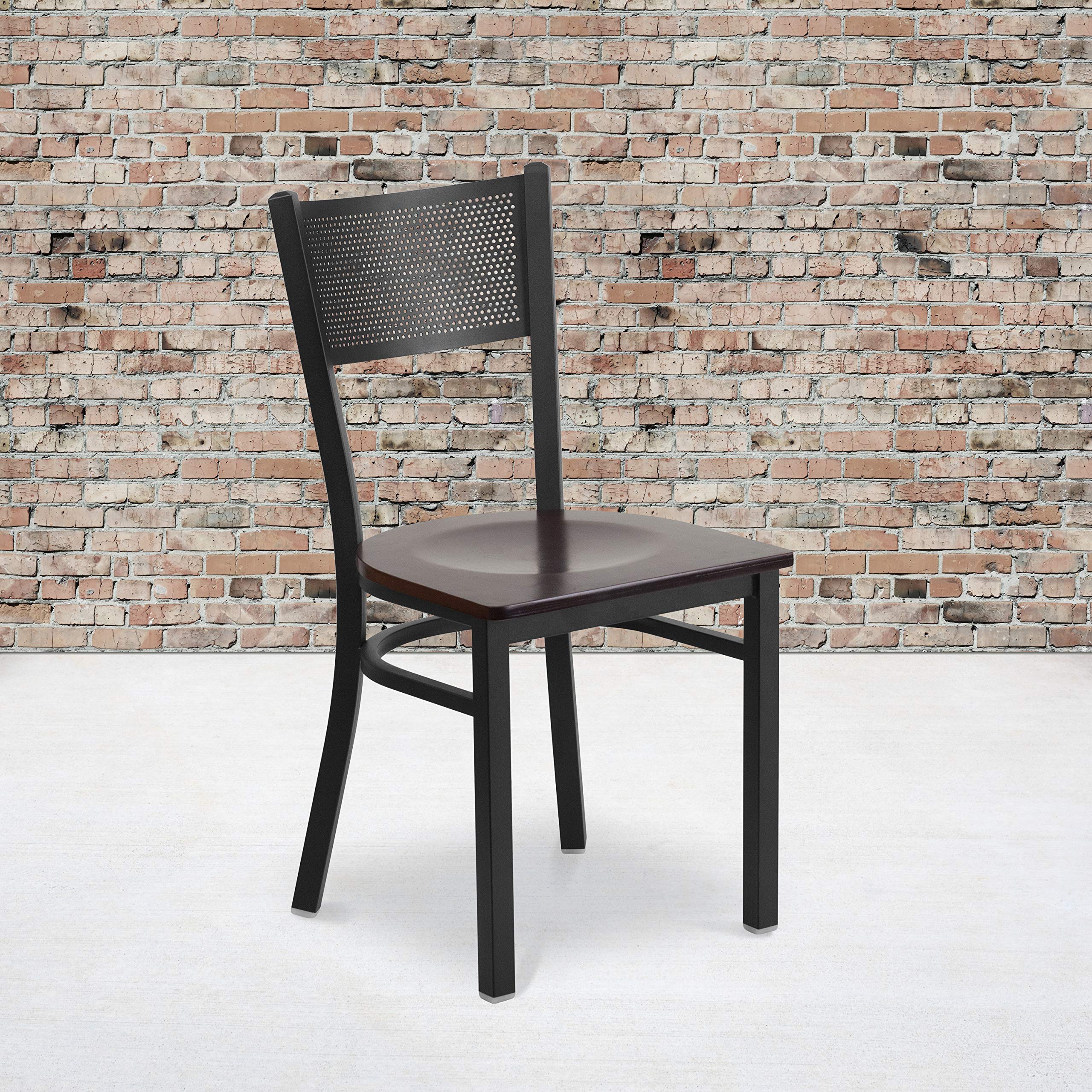 2 Pk. HERCULES Series Black Grid Back Metal Restaurant Chair - Walnut Wood Seat