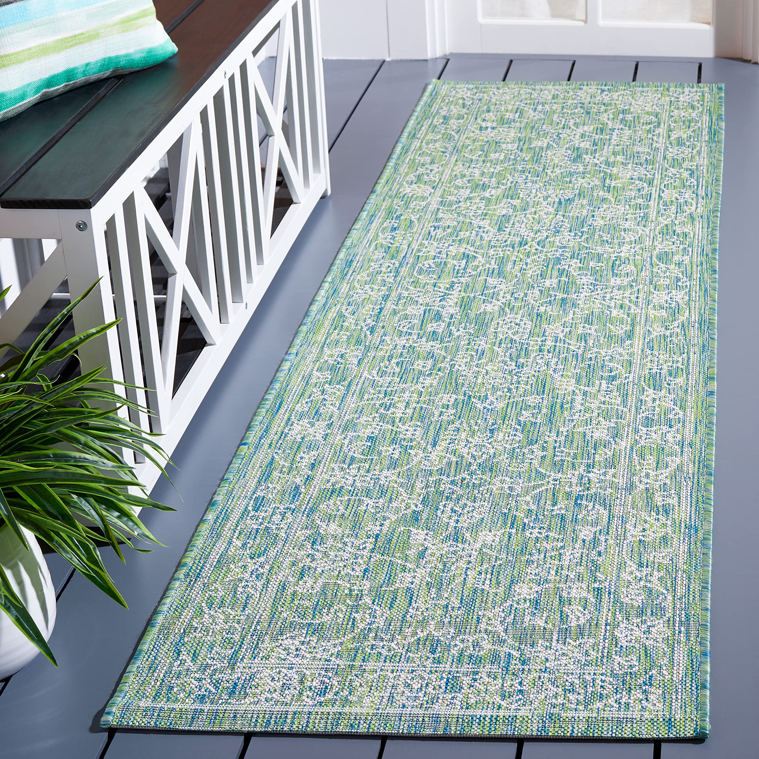 Safavieh Courtyard Collection Runner Rug - 2'3' X 8', Green & Ivory, Non-Shedding & Easy Care, Indoor/Outdoor & Washable-Ideal